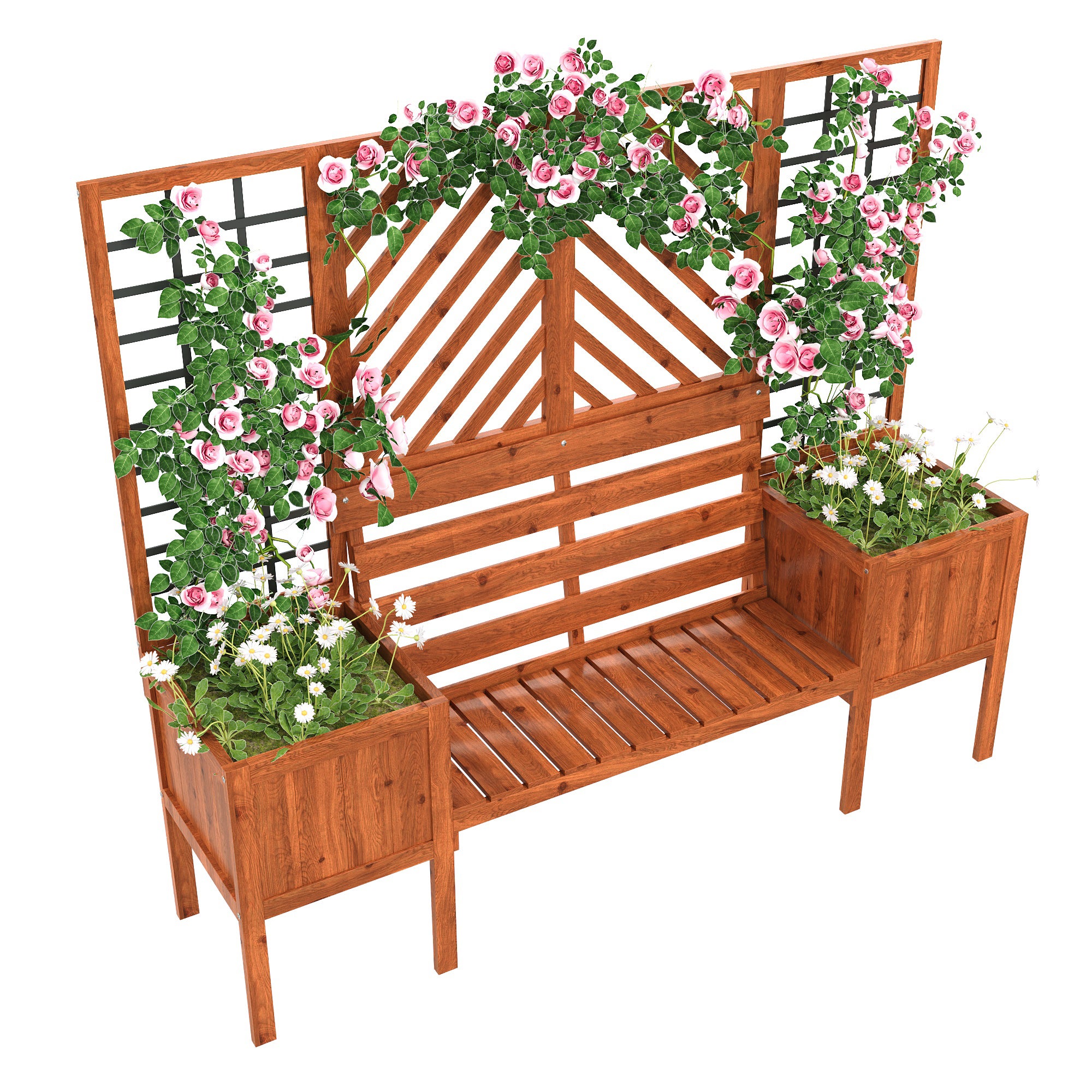 Lot de 2 Jardinière sur pièds avec Treillis en bois massif + 1 banc 2 places - 170 x 42 x 145 cm - Marron - 8