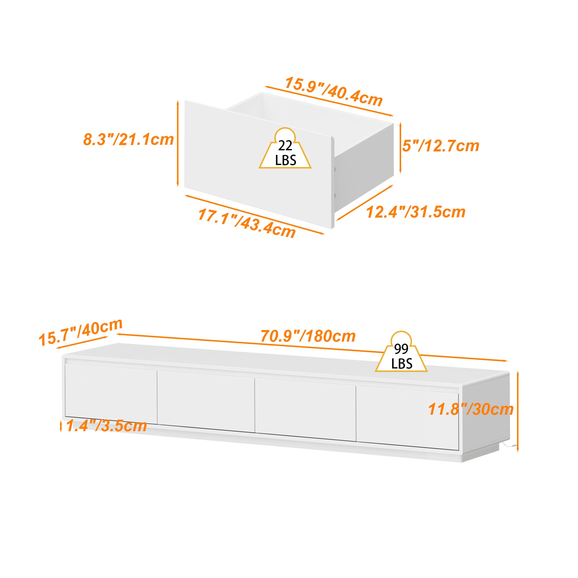 Meuble TV avec Lumière LED tricolore, Support TV-Meuble bas avec 4 Tiroirs, Salon, 180x40x30cm, Blanc - 2