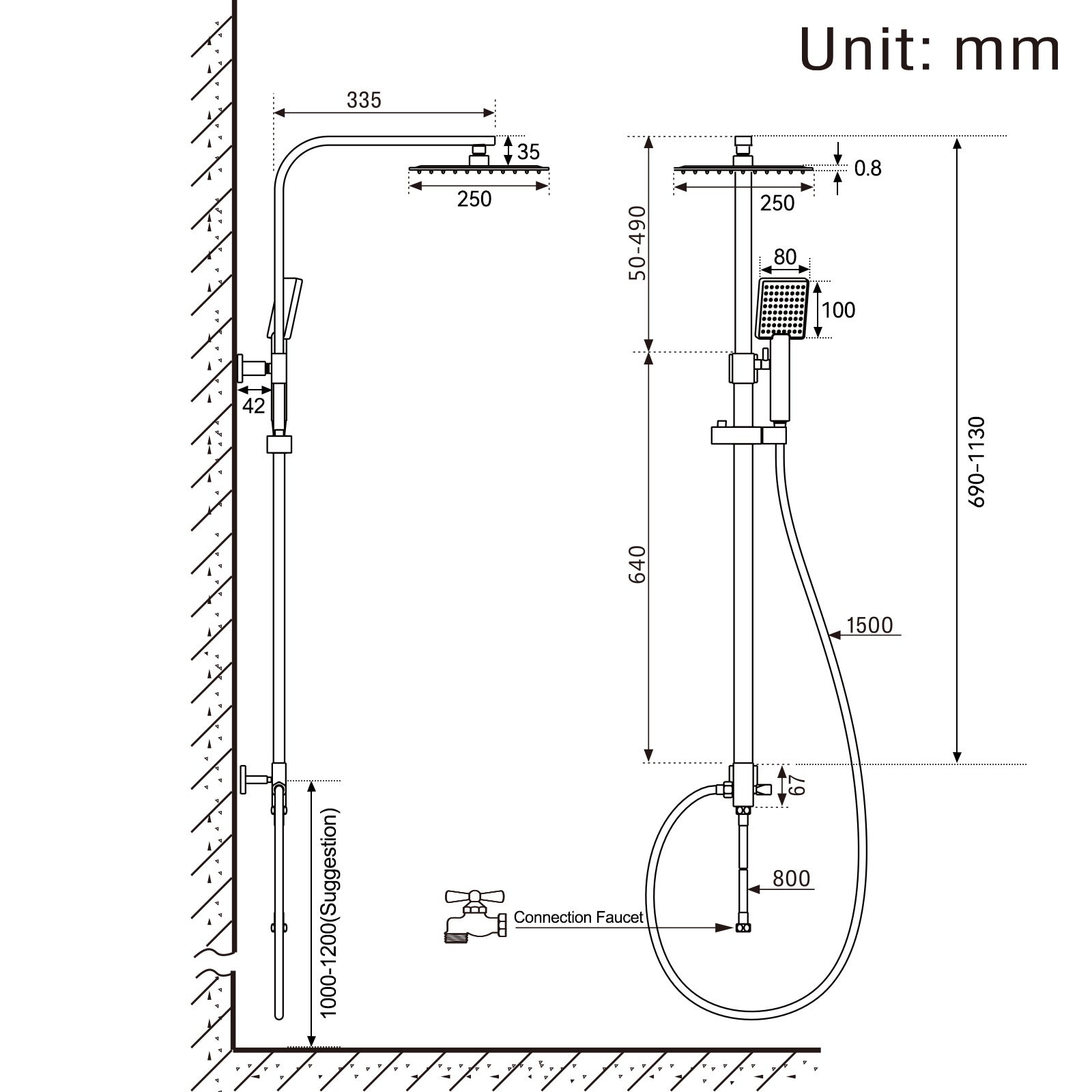 Colonne de Douche Noir Sans Mitigeur Système Douche avec Douchette à Main/Tête Douche de 10 Pouces Hauteur Réglable 690-1130 mm Salle Bain,EU Modèle - 4