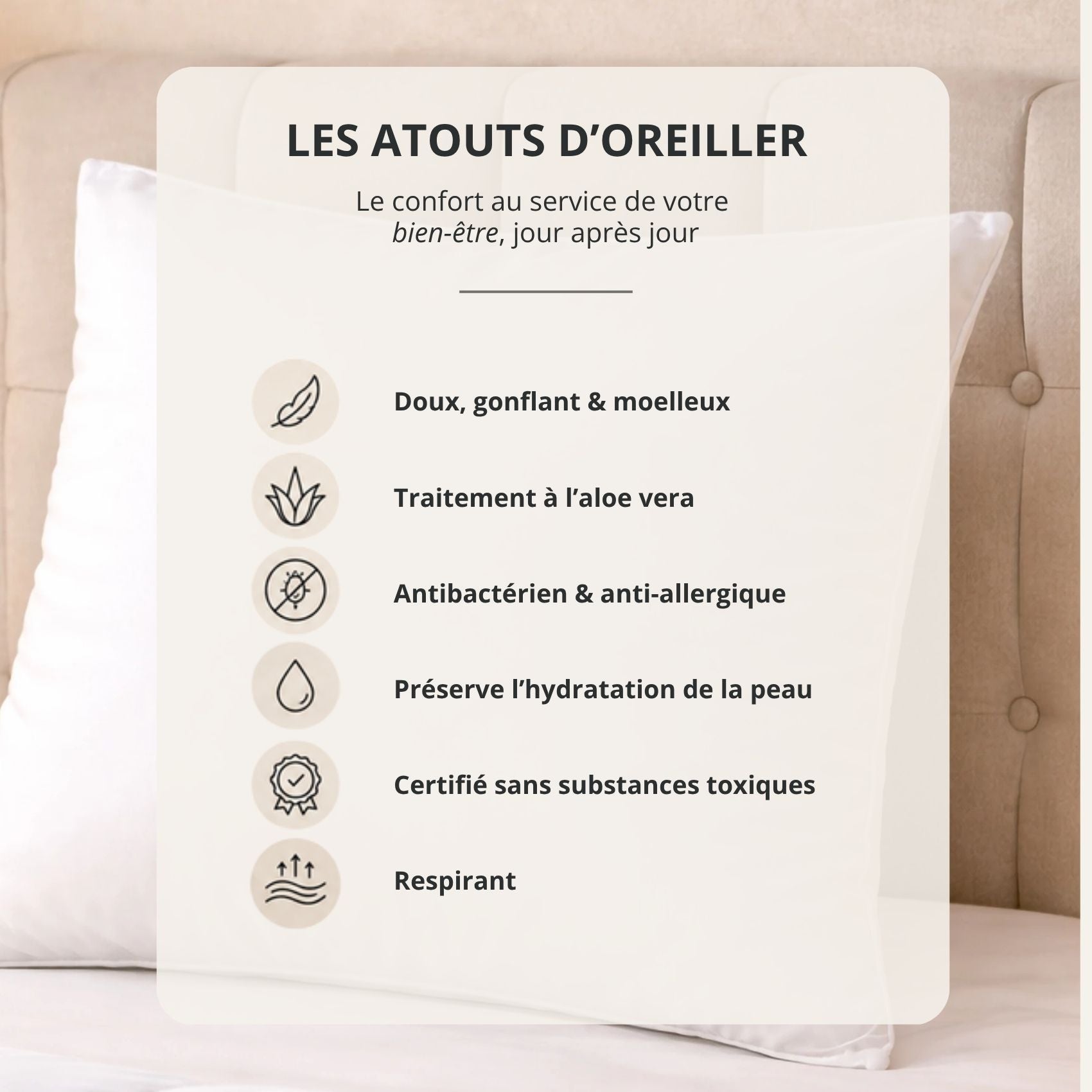 Oreiller respirant moelleux premium avec traitement anti-acarien - Blanc - 60x60 cm - Microfibre/Polyester - 2