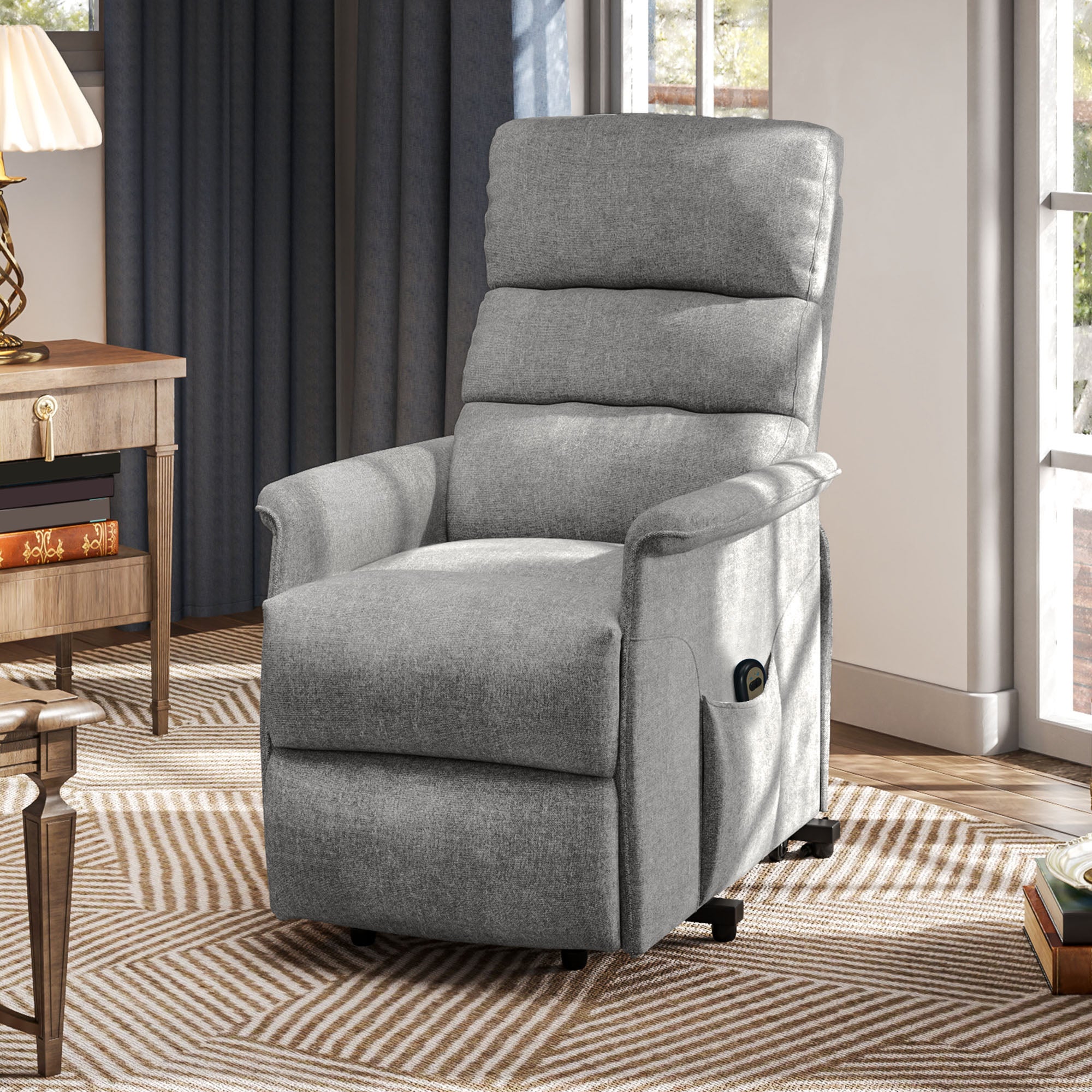 Fauteuil releveur électrique avec repose pied dossier inclinable télécommande et pochette gris - 4