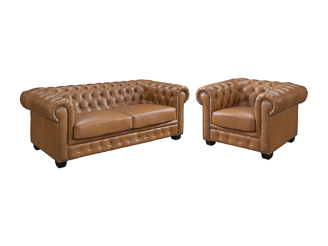 Canapé chesterfield 3 places et un fauteuil BRENTON 100% cuir de buffle premium - Caramel vintage - 2