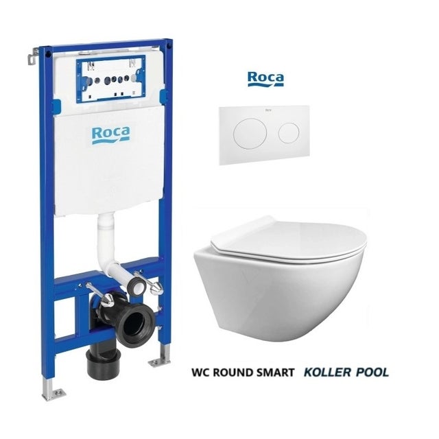 Bastidor empotrado ROCA Duplo One Pack cisterna y pulsador PL10 blanco mate con inodoro suspendido Round Smart Tornado 3.0 y tapa fina de Koller Pool