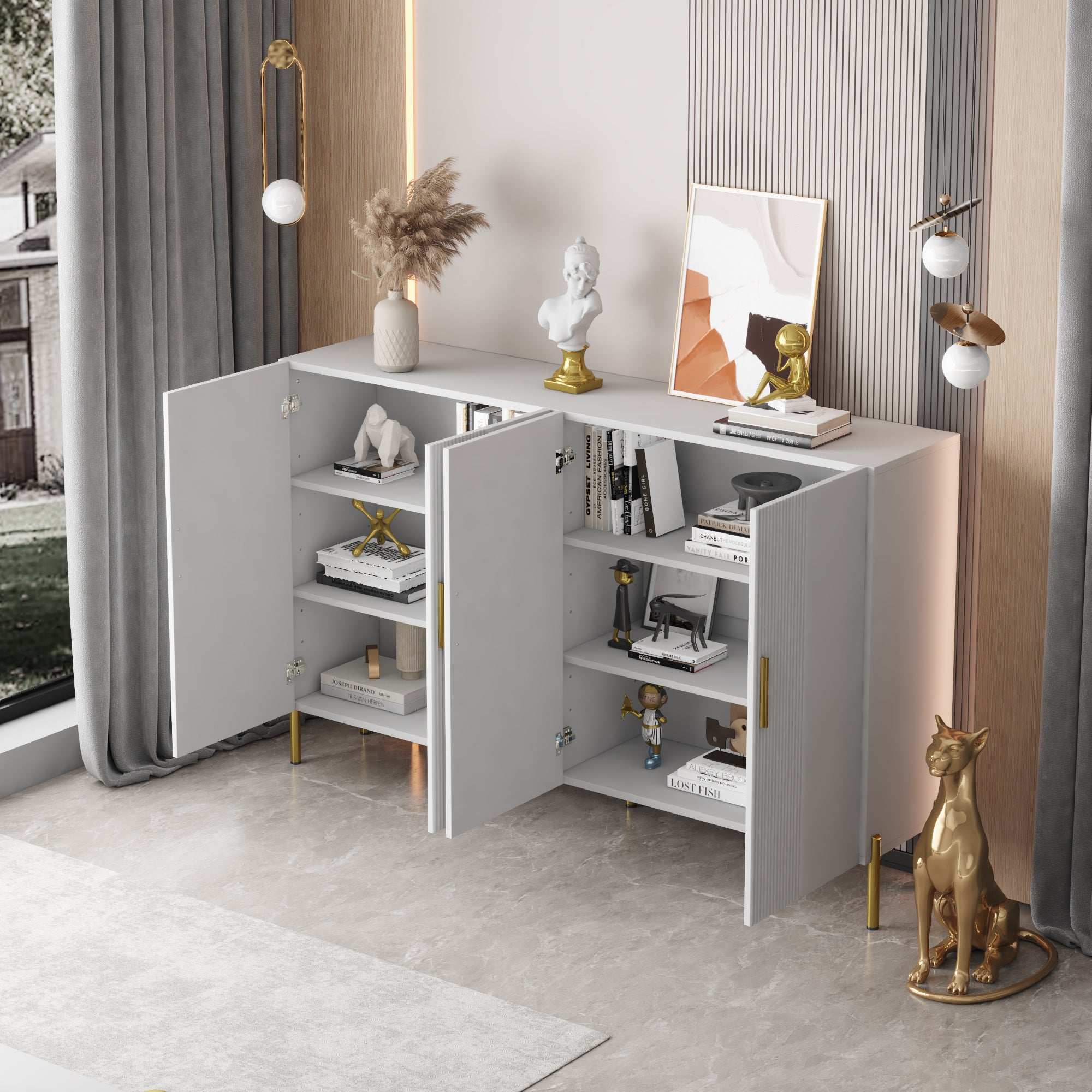Buffet moderne avec 4 portes - 160 x 36.5 x 100 cm - Panneaux de particules - pour salle à manger - Blanc - 4