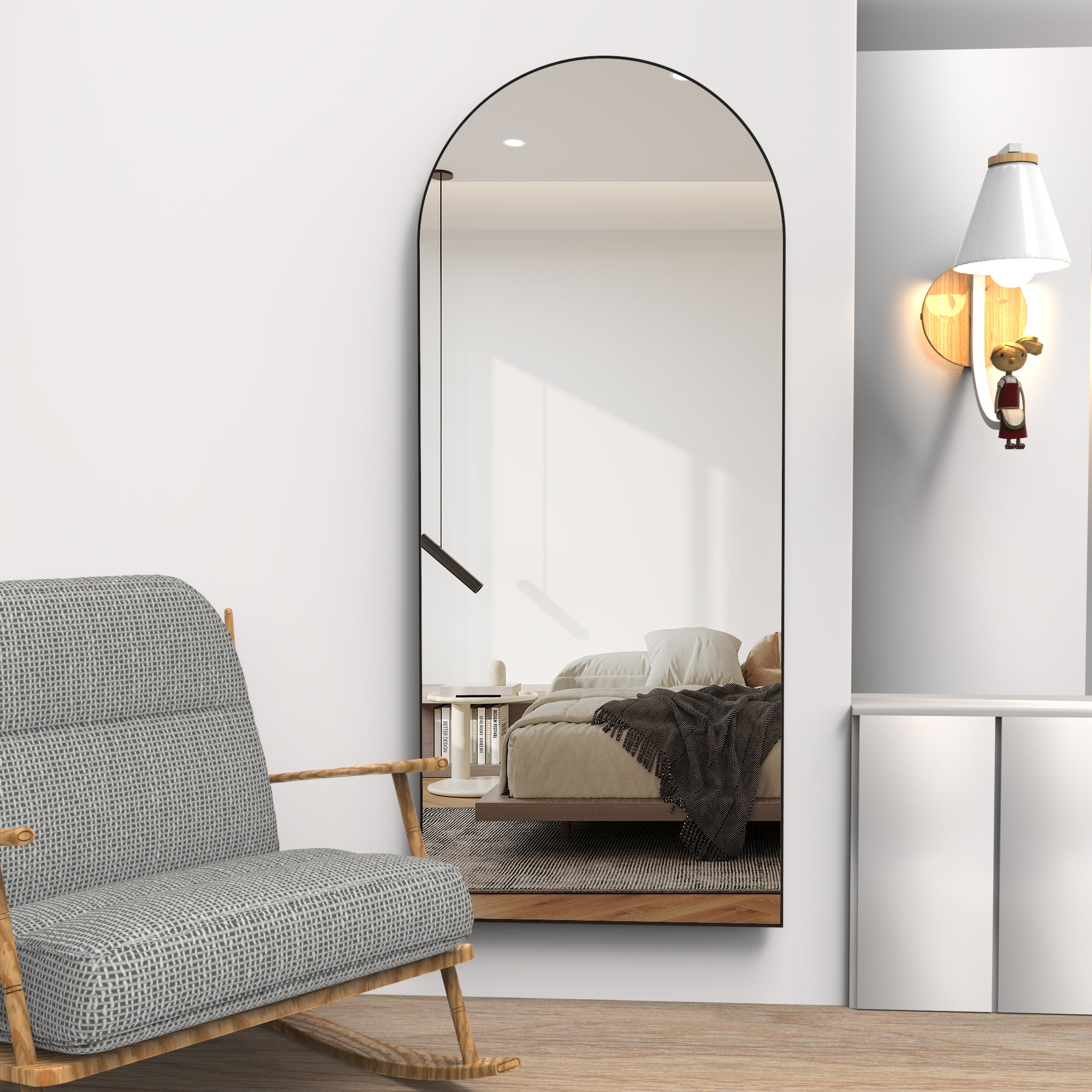 Miroir pleine longueur 165 x 60 cm, miroir de sol avec cadre en aluminium, miroir sur pied arqué lisse, noir - 5
