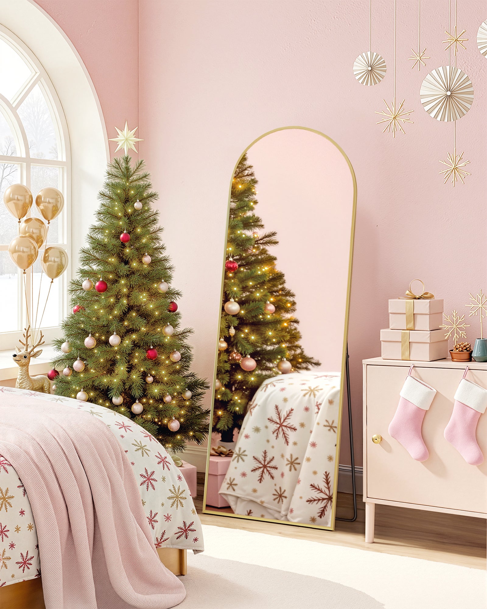 Miroir Intégral, 160 x 50 cm, Miroir Arqué sur Pied, Cadre en Alliage d’Aluminium, Verre Trempé, pour Chambre, Salon, Dressing, Doré Clair - 3