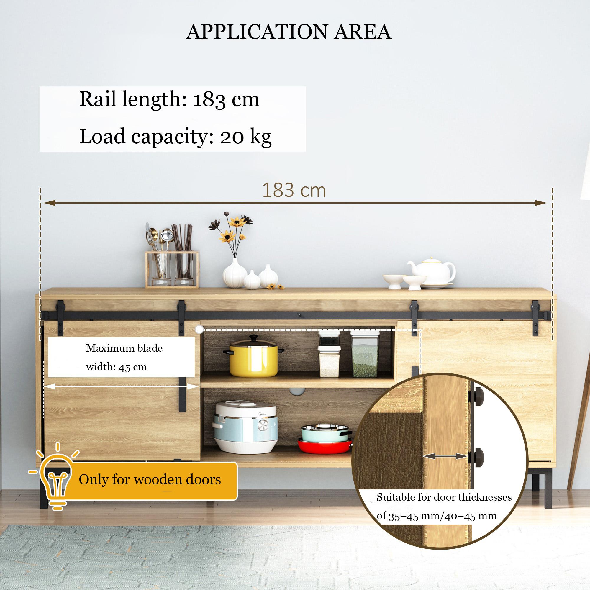 Zestaw montażowy do podwójnych drzwi przesuwnych z drewna, szyna ze stali węglowej w kolorze czarnym, 183 x 0,6 x 18 cm, udźwig 45,3 kg - 4