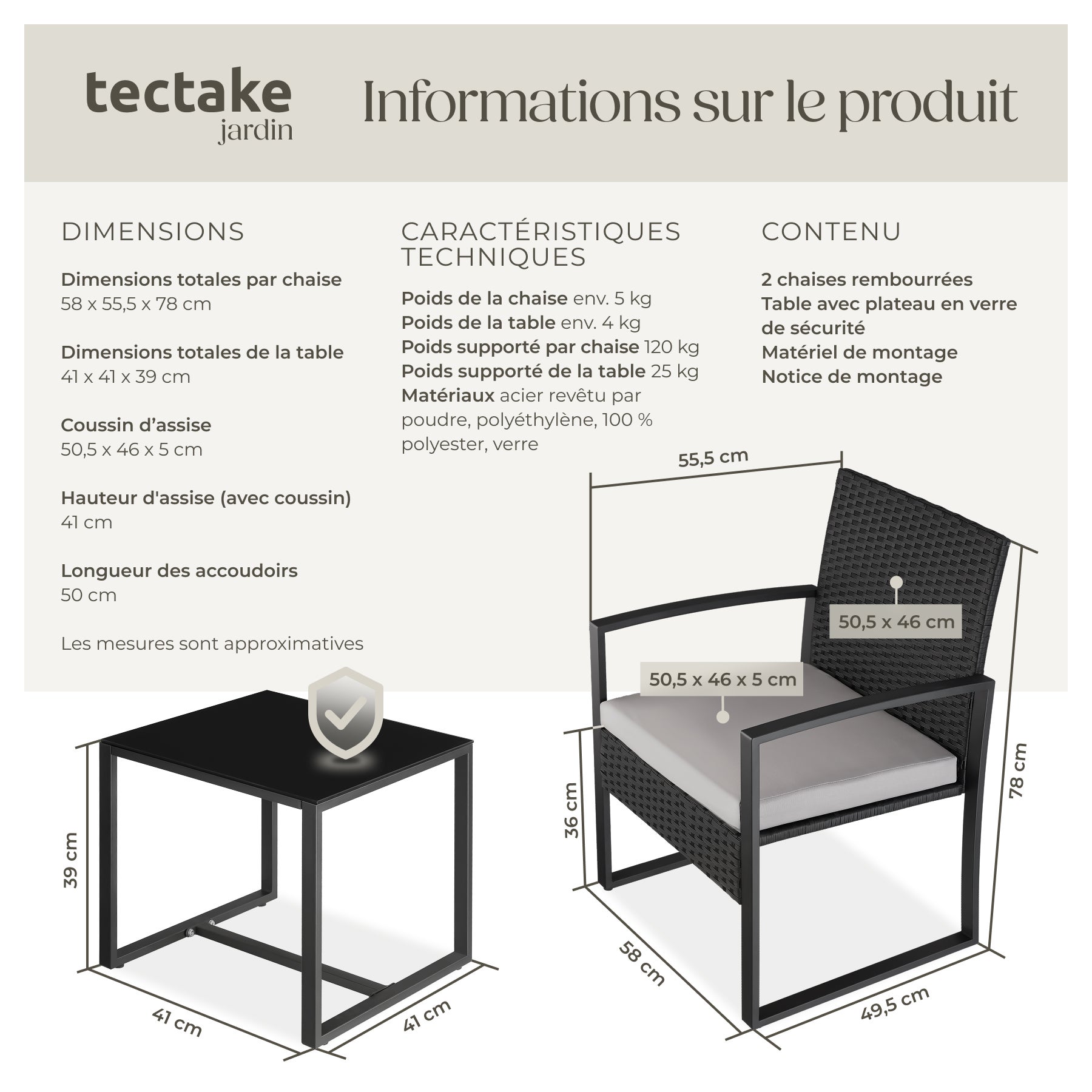 Lot de 2 chaises et table en poly rotin, structure acier époxy résistante, 58 x 55,5 x 78 cm gris clair/noir TECTAKE - 6