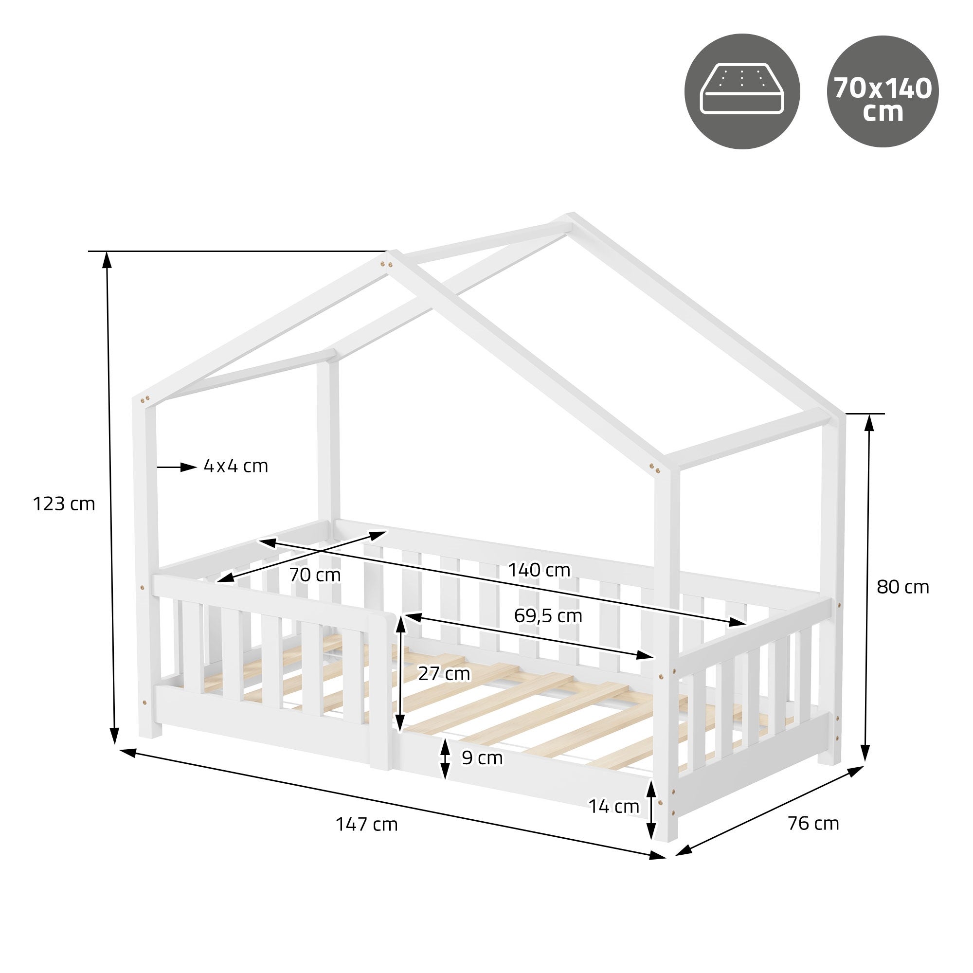 Lettino Bambini A Forma Di Casa - Letto Montessori In Legno Di Pino, 70x140cm, Bianco - Foto 4