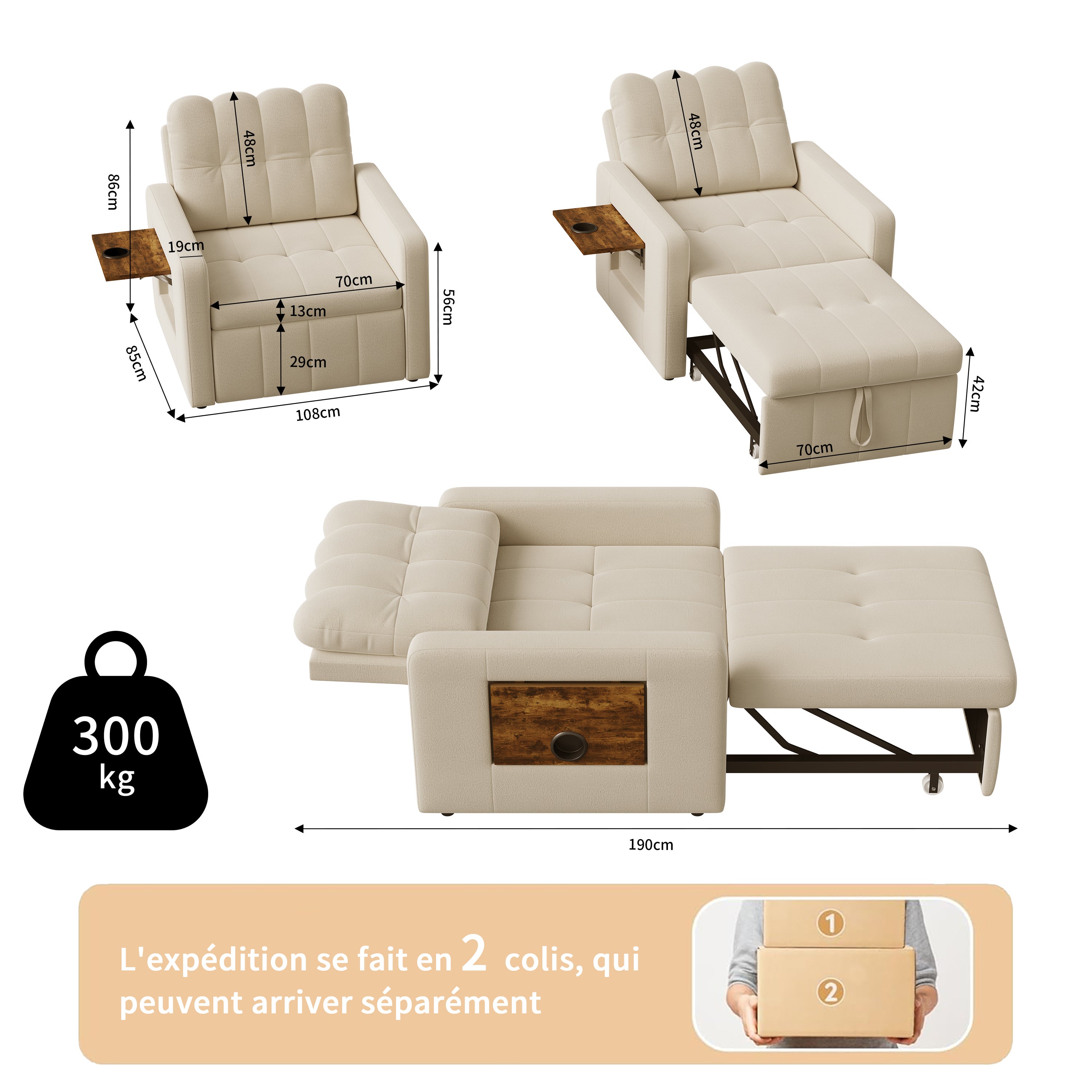 Canapé Lit Convertible 1 Place,3 en 1 Fauteuil Convertible Lit avec Table et Poches,Fauteuil Lit avec Dossier Réglable à 5 Positions,Beige(Chenille) - 2
