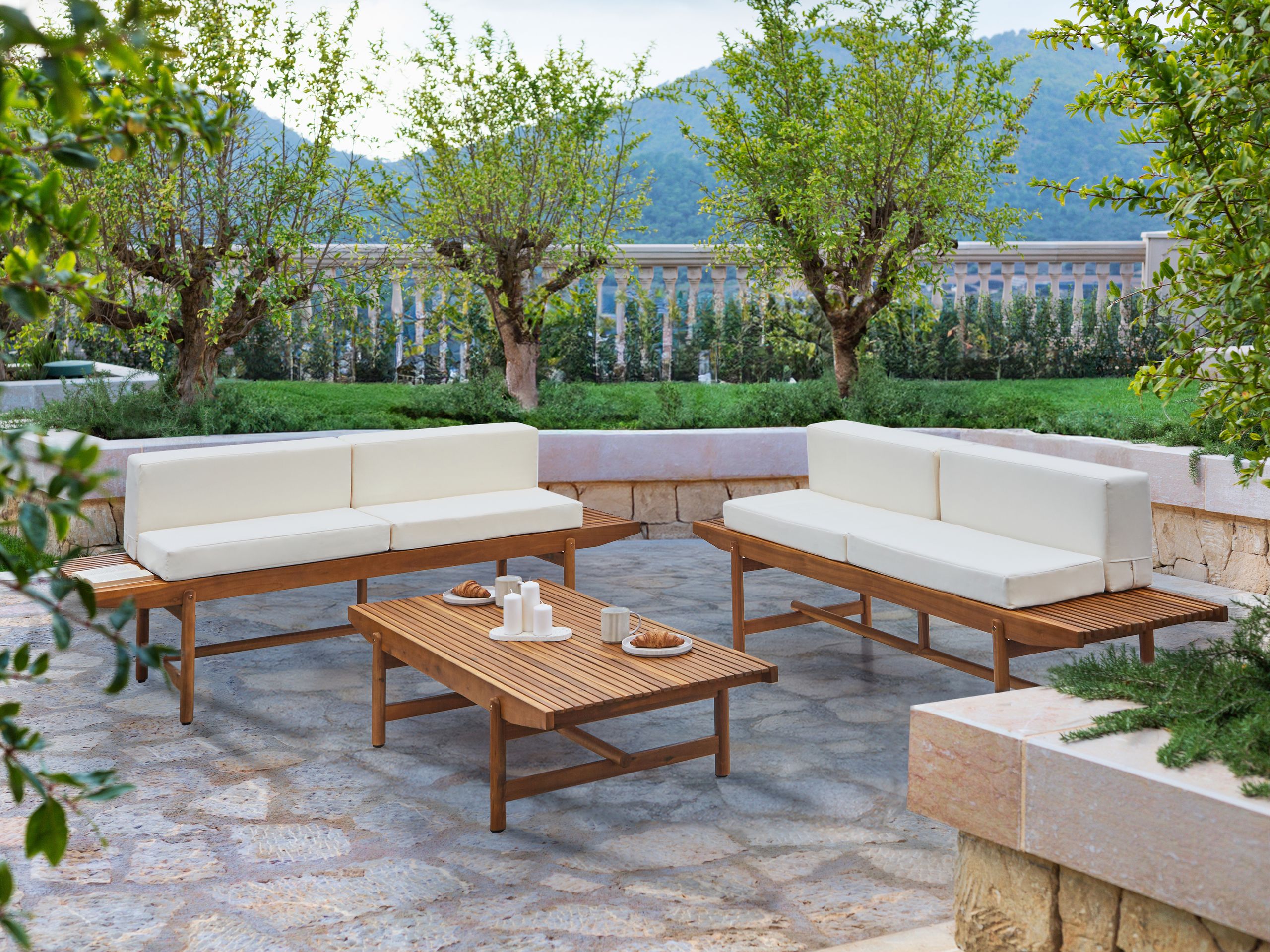 Set lounge pentru grădină cu masă cu 4 locuri GIAVENO Alb-murdar Lemn de acacia