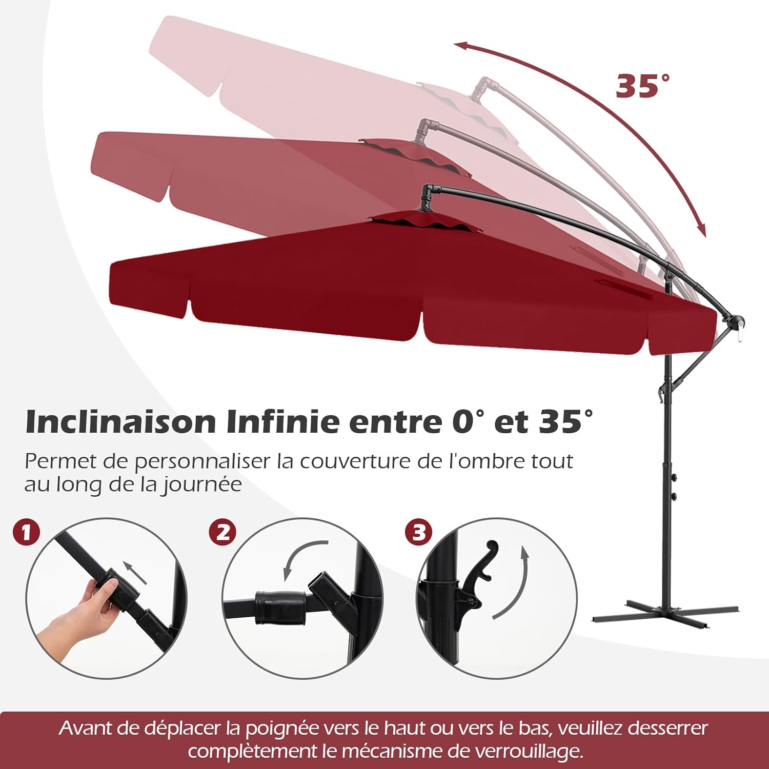 Parasol Déporté 3x3m avec Housse, Grand Parasol de Jardin Exterieur,8 Baleines et Base Croisée, Parasol Inclinable Suspendu avec Manivelle(Rouge) - 5
