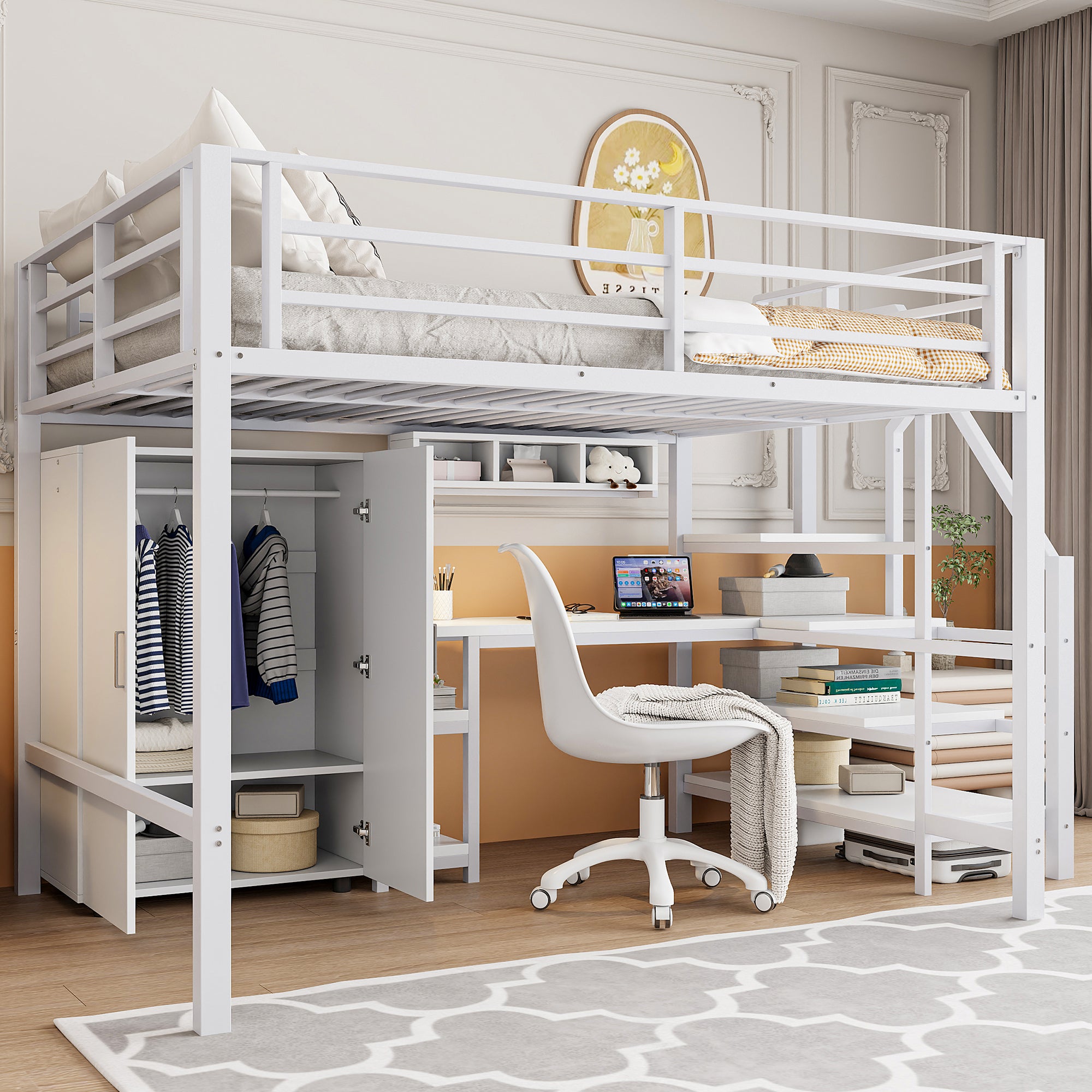 Letto A Soppalco 140x200 In Metallo Nero Con LED USB E Scrivania – Sicuro Per Bambini Con Ringhiera E Scala
