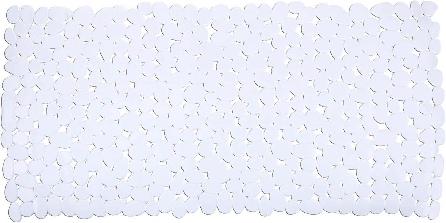 Biała mata łazienkowa – antypoślizgowa, przyssawki, tworzywo sztuczne (TPR), 40 x 88 cm, biała, antypoślizgowa mata łazienkowa w kształcie kamyka