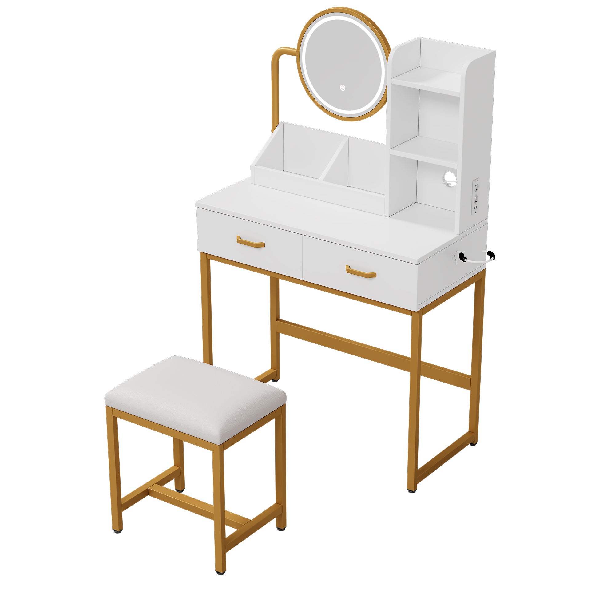 Coiffeuse moderne avec miroir pivotant, 2 tiroirs et tabouret - 80 x 40 x 138.5 cm - Panneaux de particules - Prises électriques - Blanc - 8