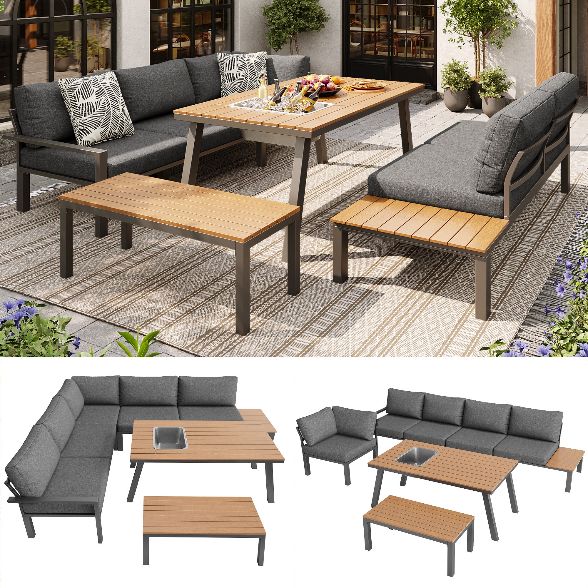Muebles de jardín modulares en hierro galvanizado: 1 sofá esquinero de 6 plazas + 1 banco + 1 mesa de comedor - Gris + natural - 6