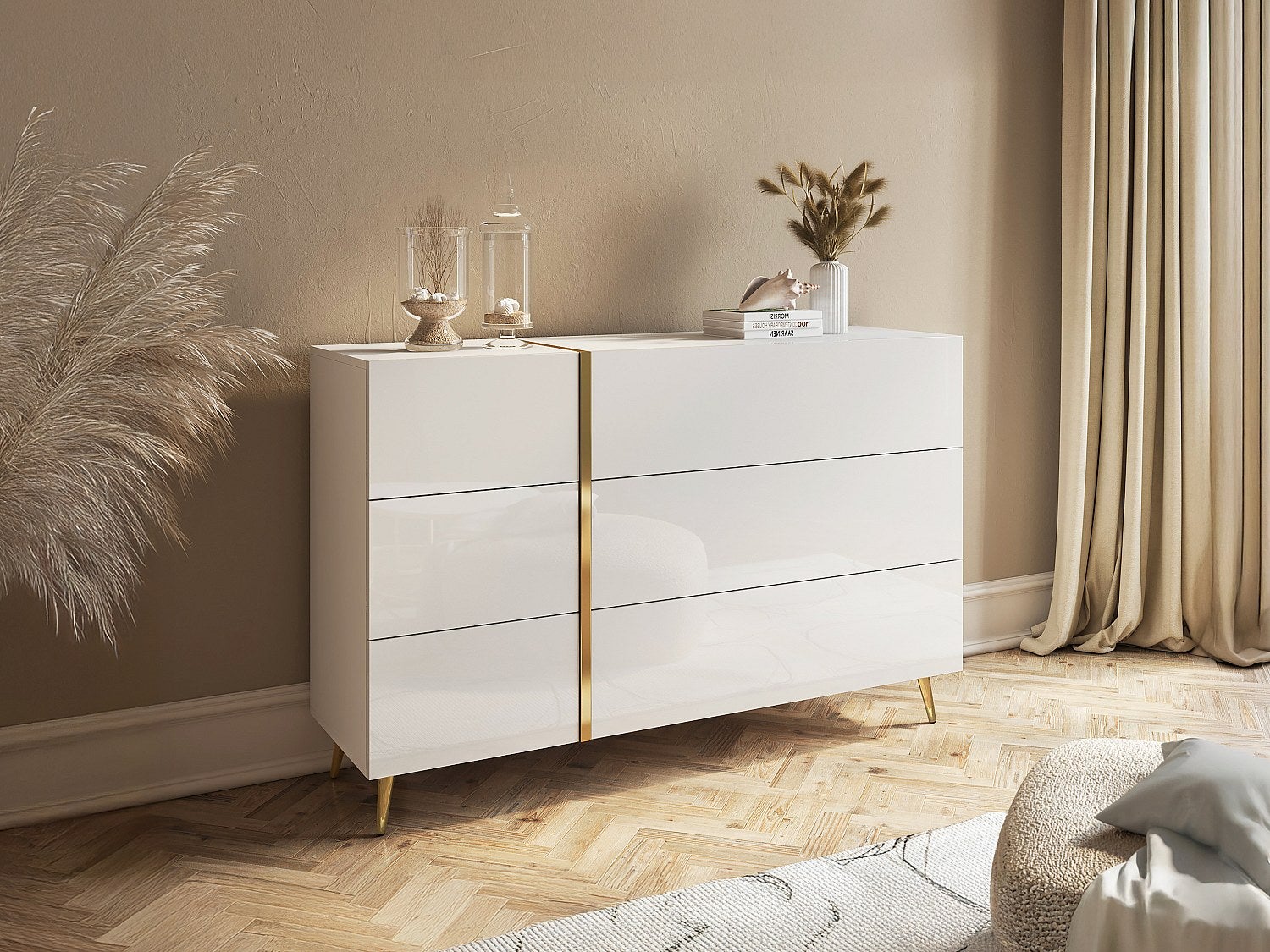 Vente-Unique  Cómoda 6 Cajones, Brillante Y, Marzialo Blanco/Dorado , Leroy Merlin
