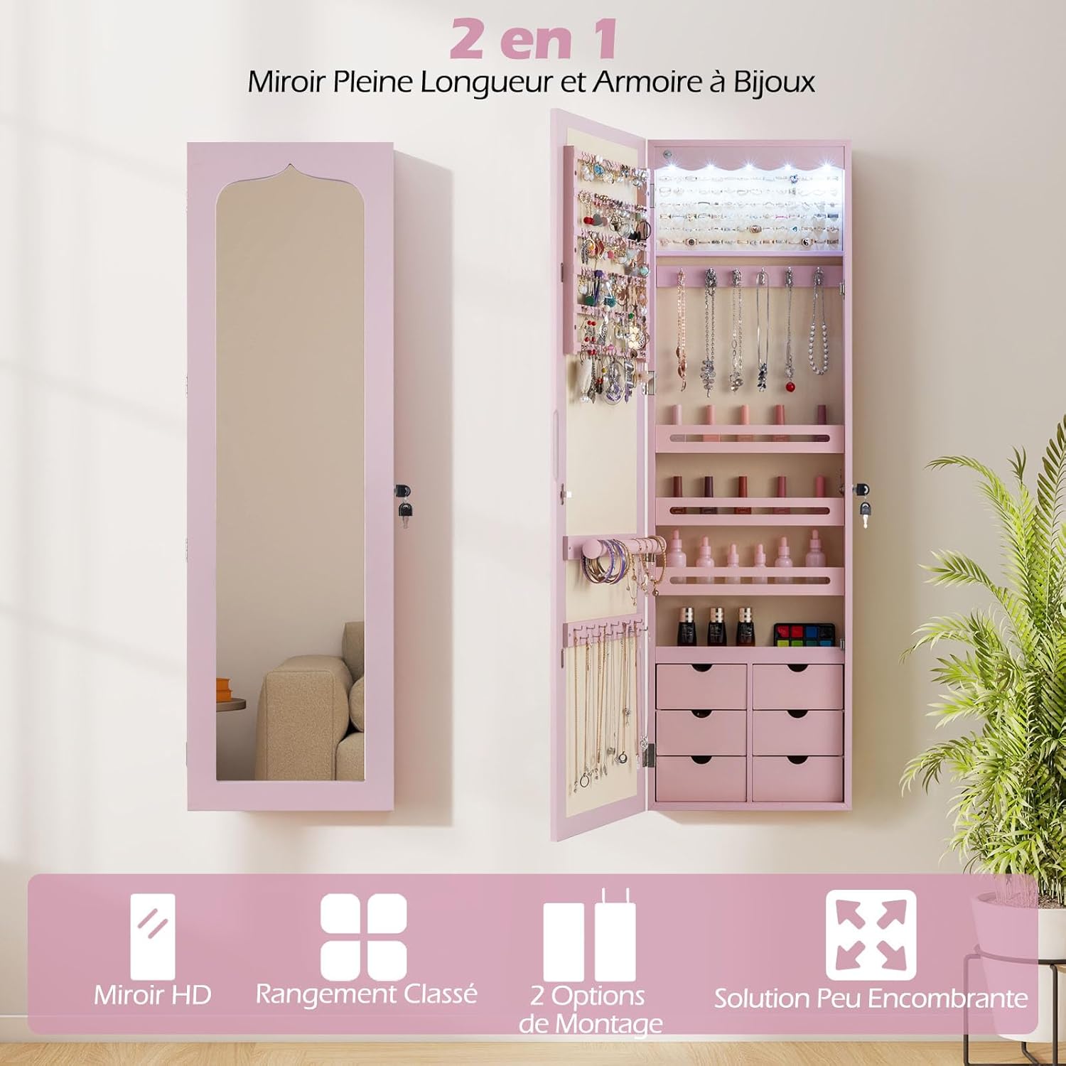 Armoire à Bijoux Mural avec Miroir et Lumière LED, Armoire de Rangement Mural, Accrochée à la Porte avec Serrure (Rose,Tiroir Nomal) - 4