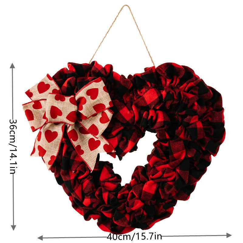 Ghirlanda a cuore di San Valentino, ghirlanda per porta a cuore rosso con fiocco scozzese - 2
