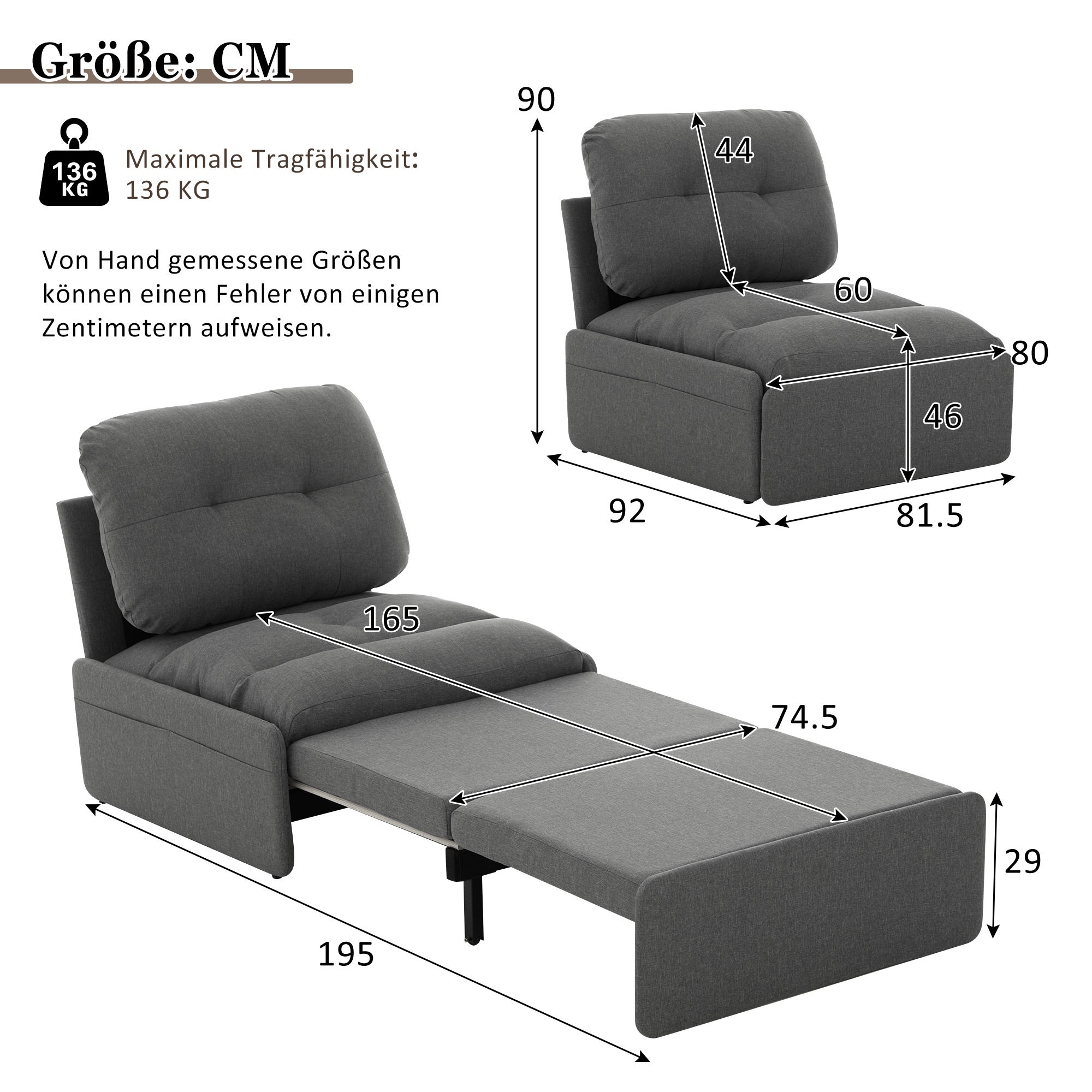 Sofa 2 w 1 z łóżkiem lnianym i metalowymi nogami – 81,5 x 92/195 x 90 cm – kieszenie do przechowywania – szara - 3