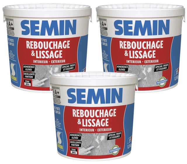 Lot de 3 enduits de rebouchage en pâte spécial fissures et trous de vis Semin - intérieur/extérieur - seau de 1,5 kg