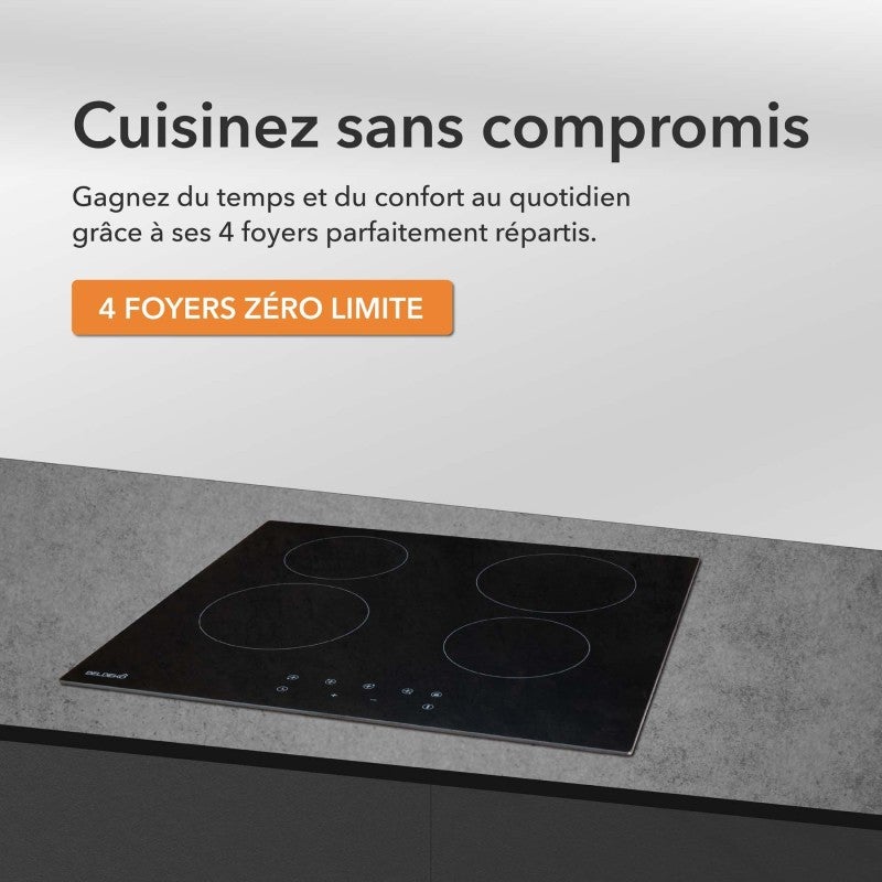 BELDEKO - Plaque Vitrocéramique 4 Feux, 6000W Vitrocéramique 4 Foyers, Plaque de Cuisson Vitrocéramique, Minuteur Multi-zones, - 4