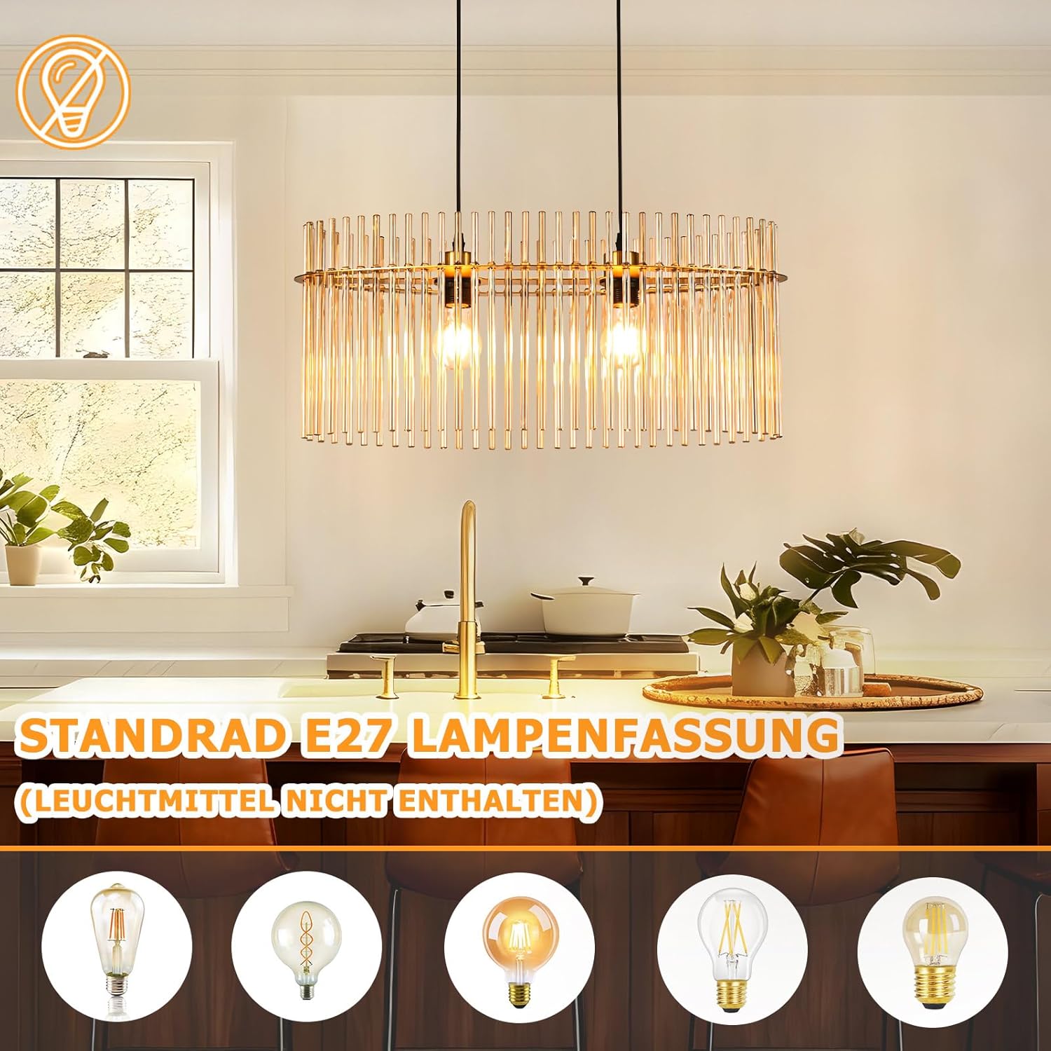 ZMH Lampa wisząca E27 Złote szkło 2 płomienie do kuchni salonu (bez żarówki) - 3