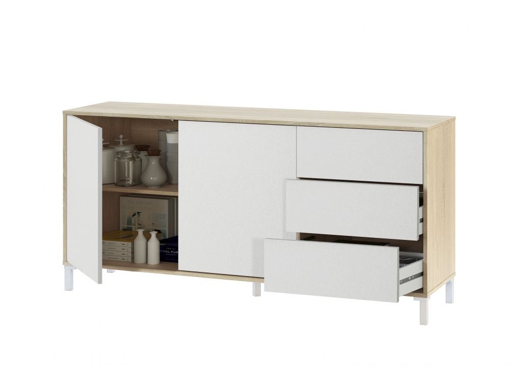 Buffet AMAYA 2 portes et 3 tiroirs L154cm - Blanc / Bois - 5