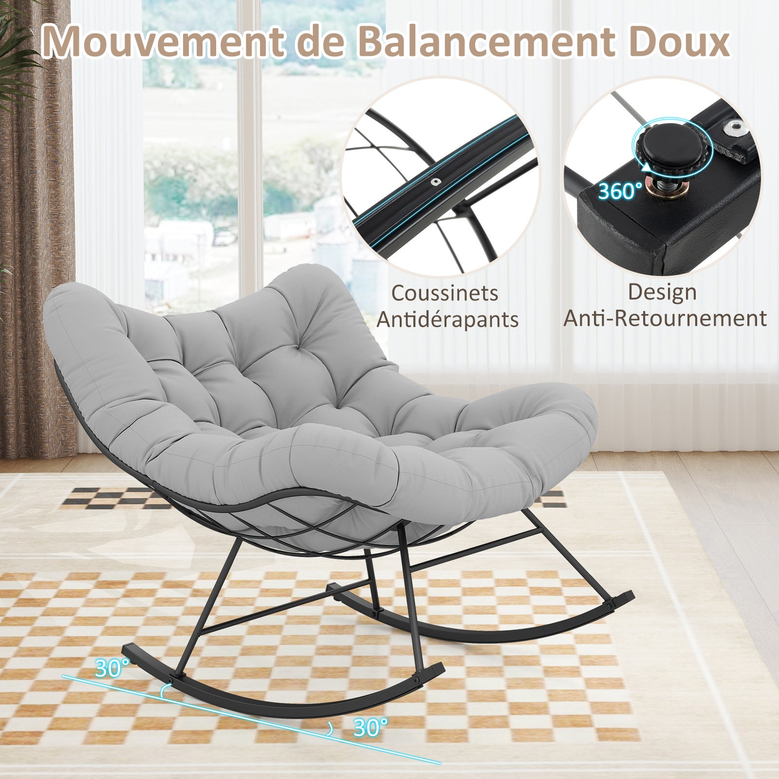 Fauteuil à Bascule Forme Œuf Intérieur & Extérieur, Chaise Papasan Surdimensionnée avec Coussin Rembourré, Cadre en Métal, , Charge 205 kg, Gris Clair - 4