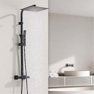 Colonne de Douche Thermostatique Sans Percement Supplémentaire Noir, Ensemble de Douche Corps en Laiton avec Tête Ultra-mince 12", Réglable en Hauteur