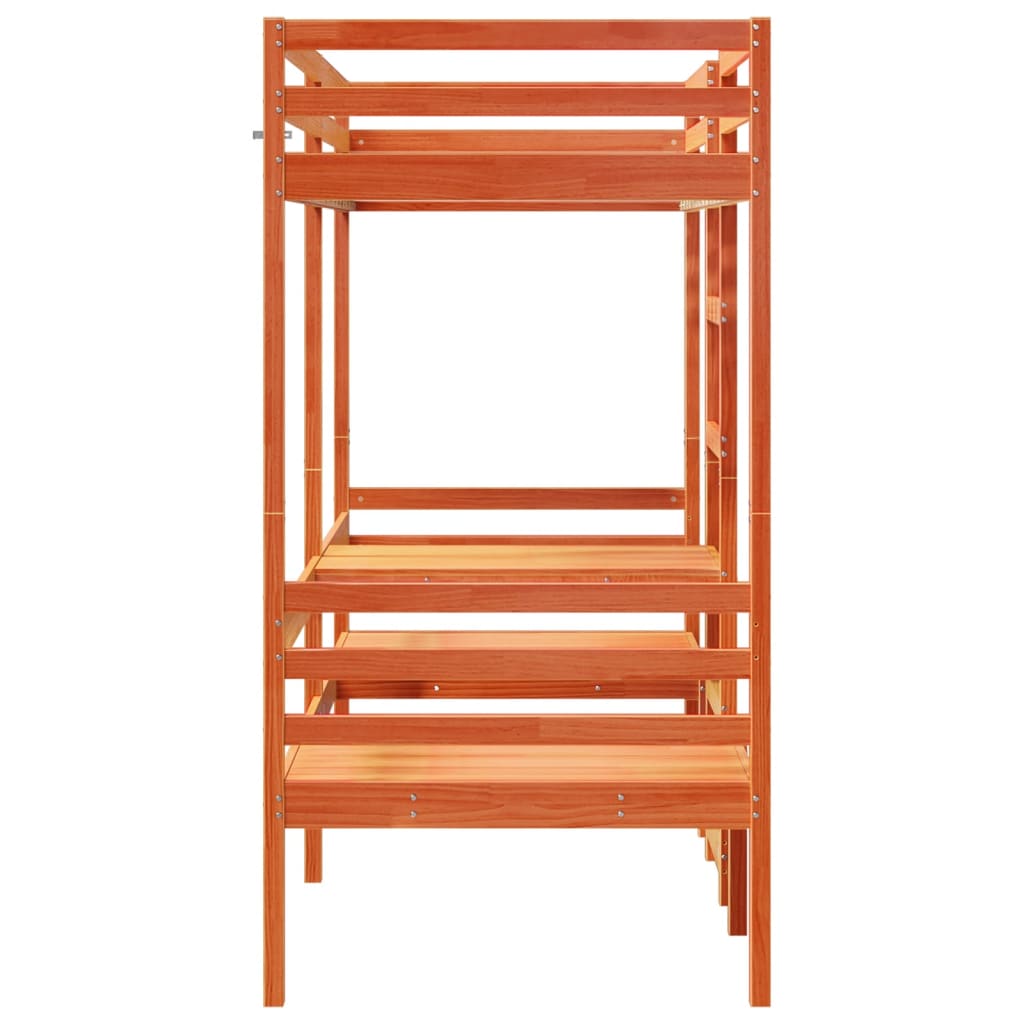 Lit mezzanine avec bureau et chaises, pin, brun ciré, pour la chambre, 90 × 200 cm - 6