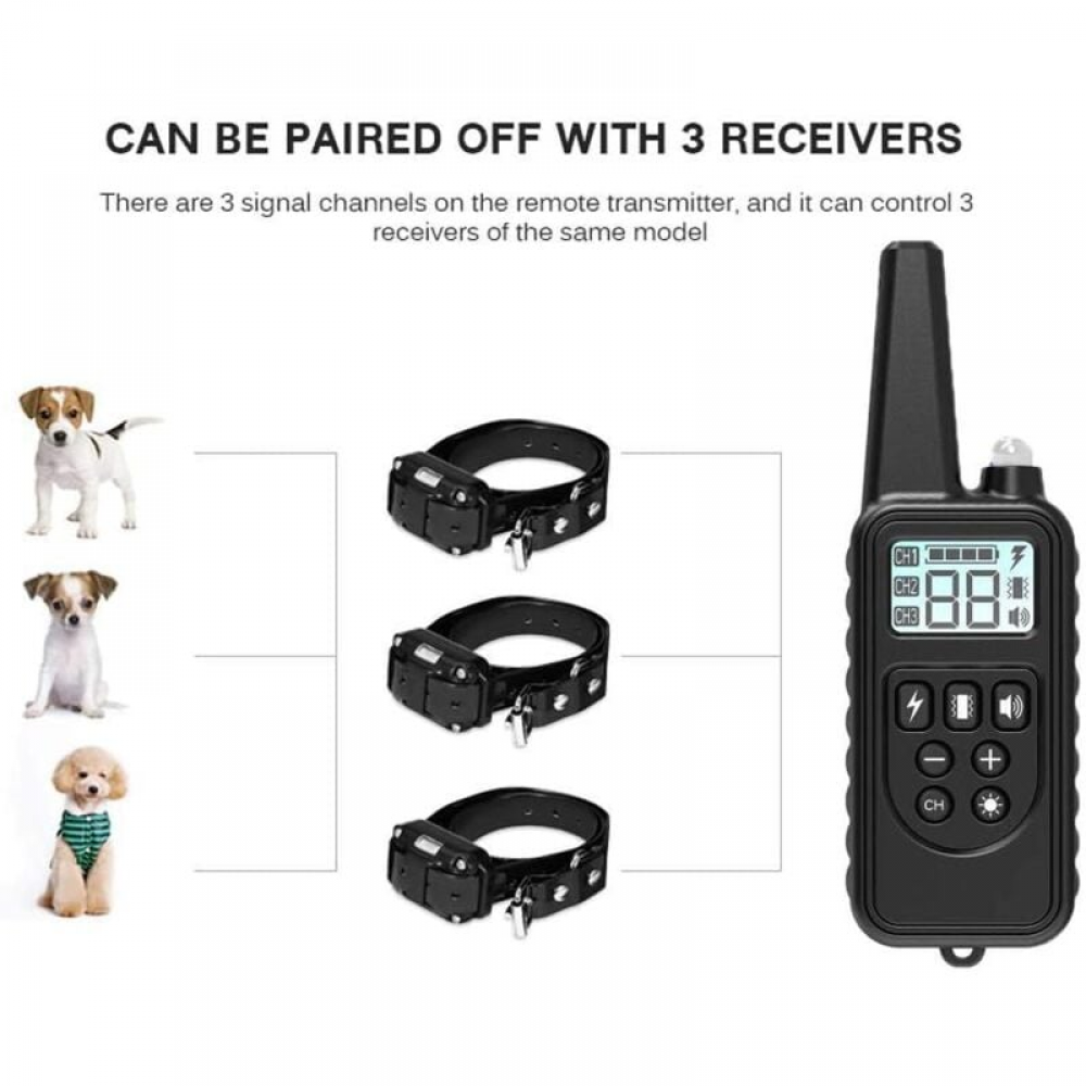 Collar para perros, alcance de 800 m, resistente al agua, control remoto, 99 niveles de vibración, luz LED, recargable (3 receptores). - 2