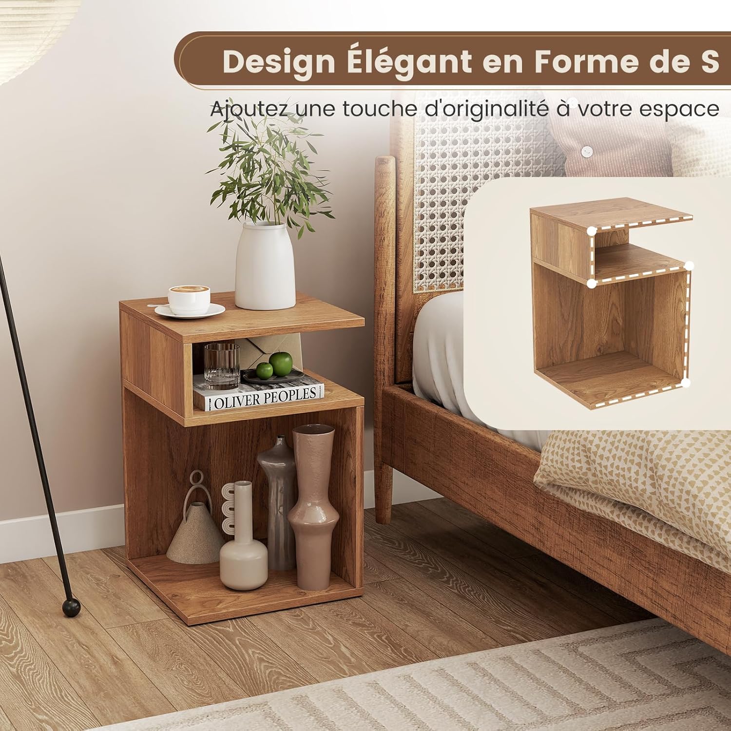 Table d'Appoint en Forme S, Bout de Canapé Salon avec 2 Casiers Ouverts, 3 Étagères Design Géométrique Compacte,pour Salon, Chambre, Naturel - 5