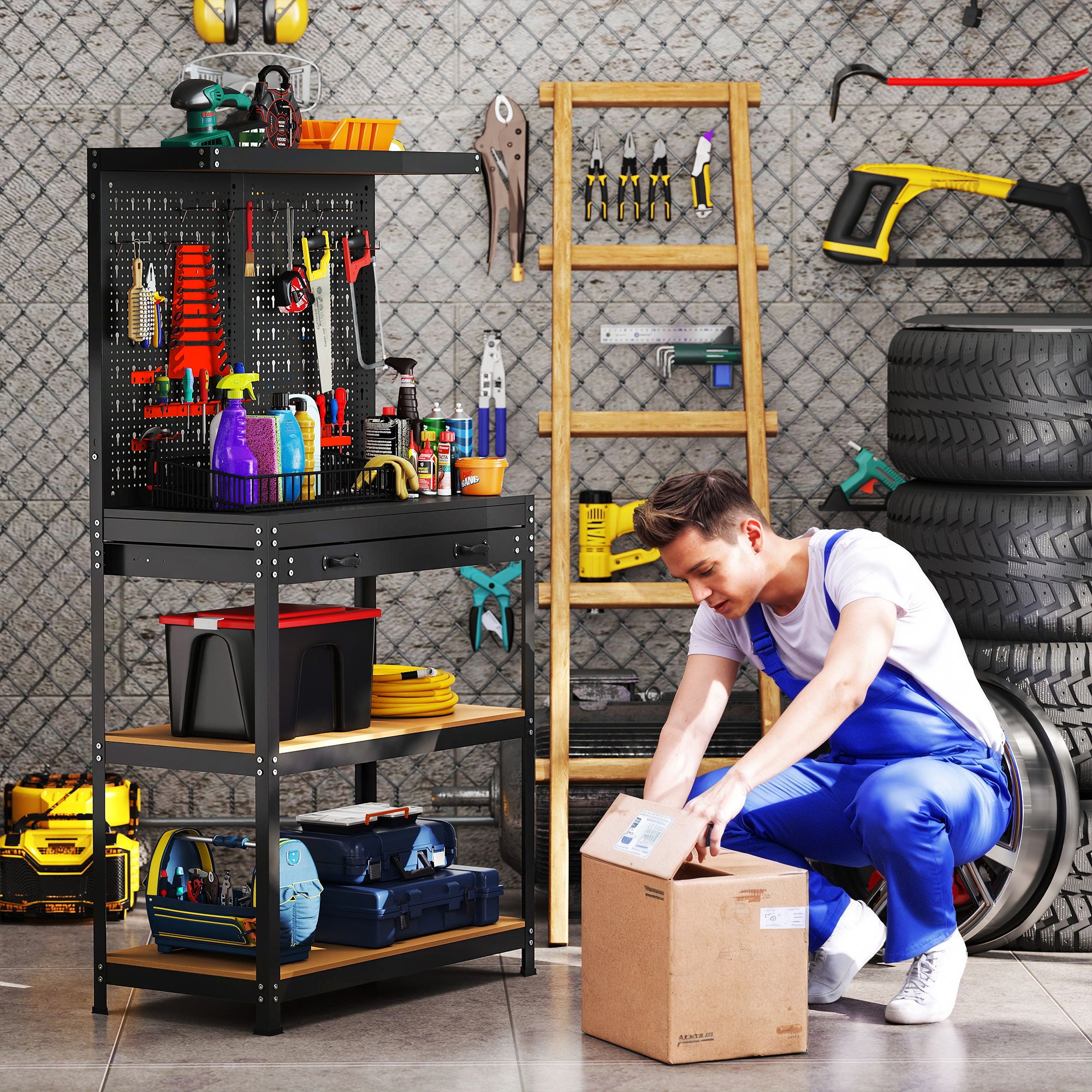 Banco da lavoro 80 x 40,5 x 155 cm, con pannello forato, ganci, cassetto e 2 ripiani, nero. - 5