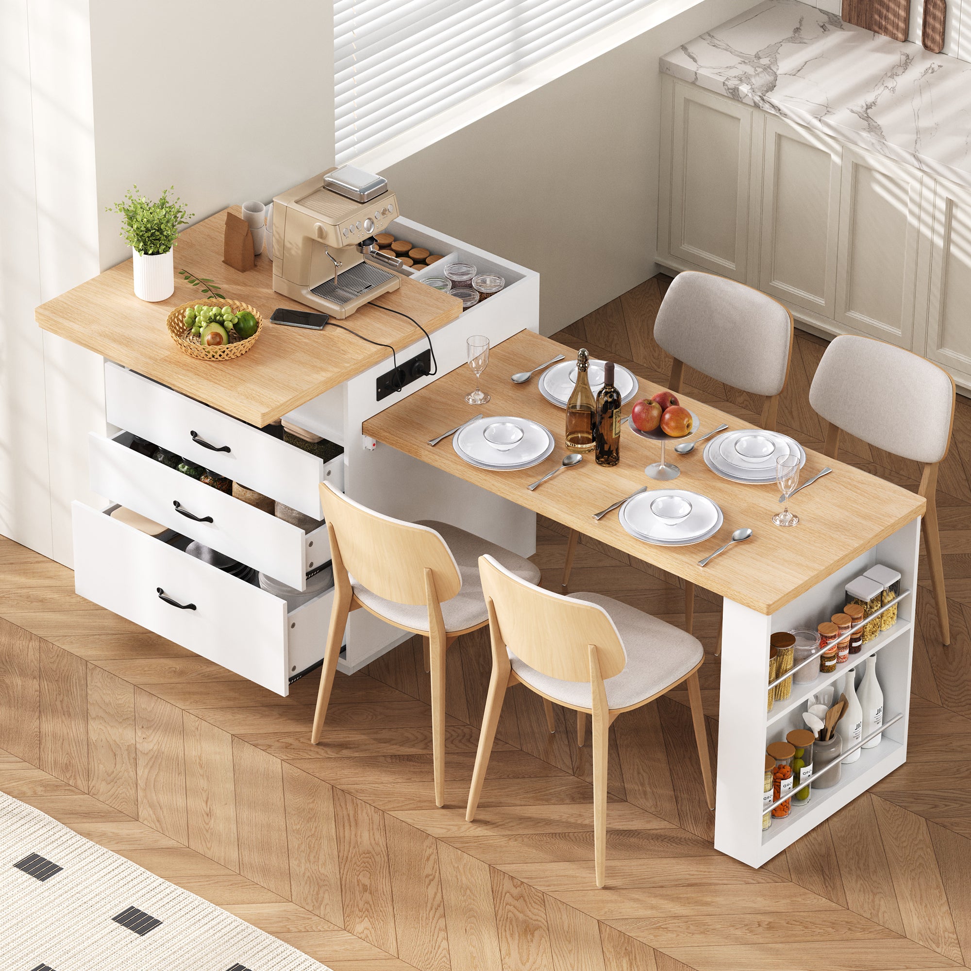 Îlot de cuisine sur roulettes, plan de travail extensible, éclairage ...