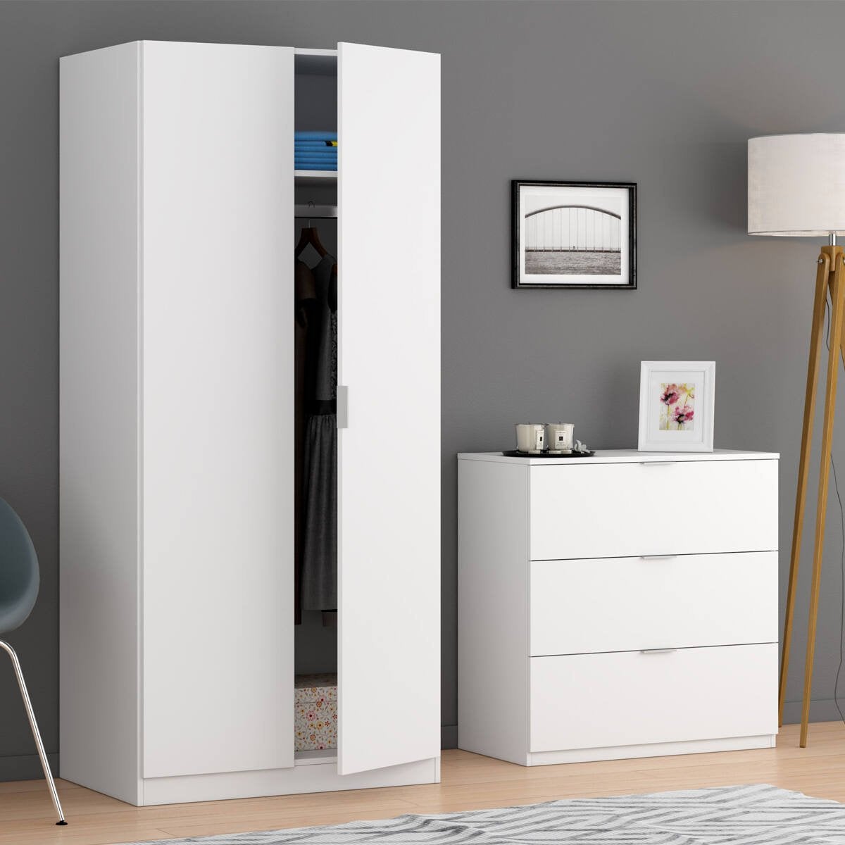 Commode Rea, Commode moderne avec 3 tiroirs, Commode basse pour la chambre, Armoire à tiroirs, 77x38h80 cm, Blanc - 2