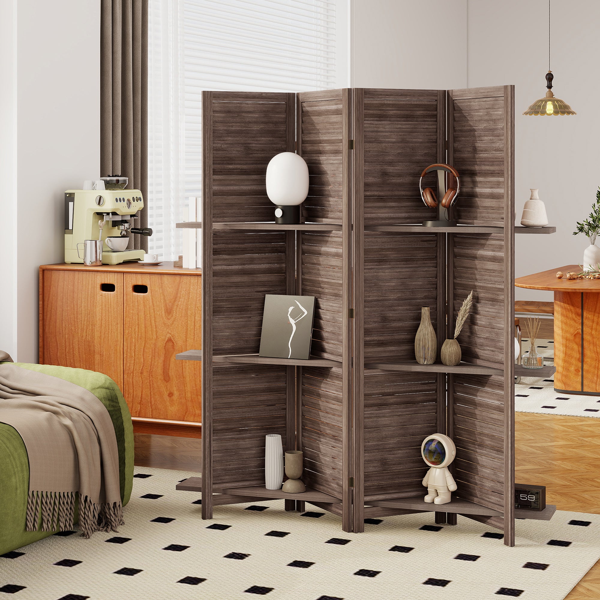 Paravent intérieur en bois 4 panneaux 160x170cm,séparateur de pièce pliable avec 3 étagères,noyer - 4