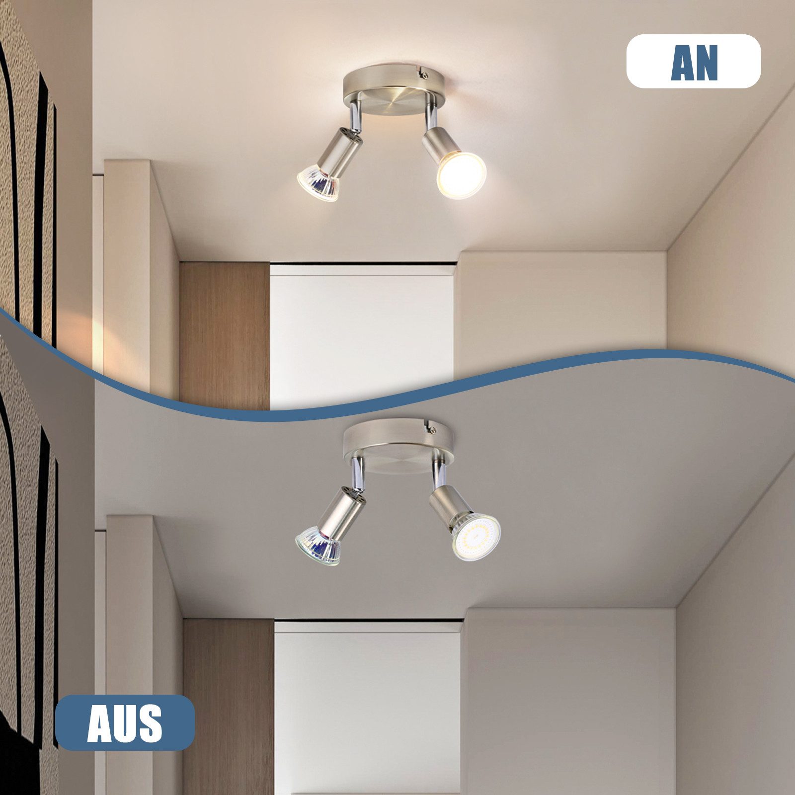NETTLIFE LED 2 Focos de Techo GU10 Orientables 350°, Lámpara Moderna Redonda de Metal Níquel para Salón Dormitorio Sin Bombilla - 9