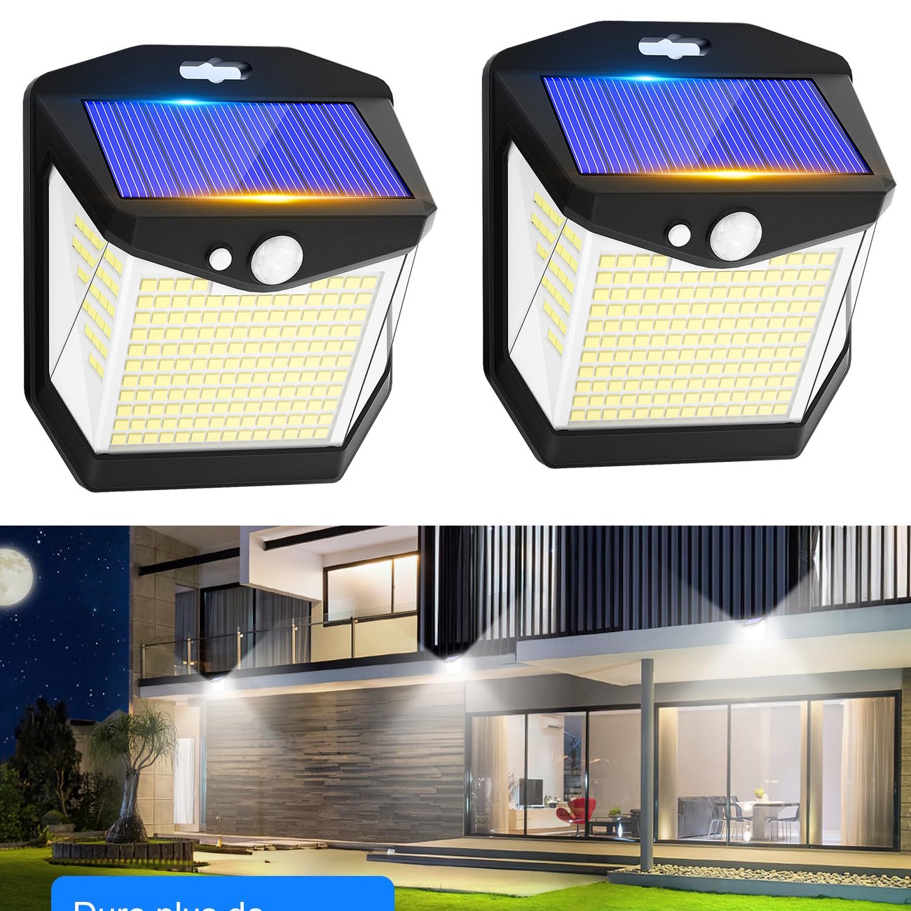 Zestaw 2 wodoodpornych lamp solarnych zewnętrznych, 248 LED, solarne oświetlenie ścienne 270°, zasięg wykrywania 6 m, do ogrodu (światło białe)