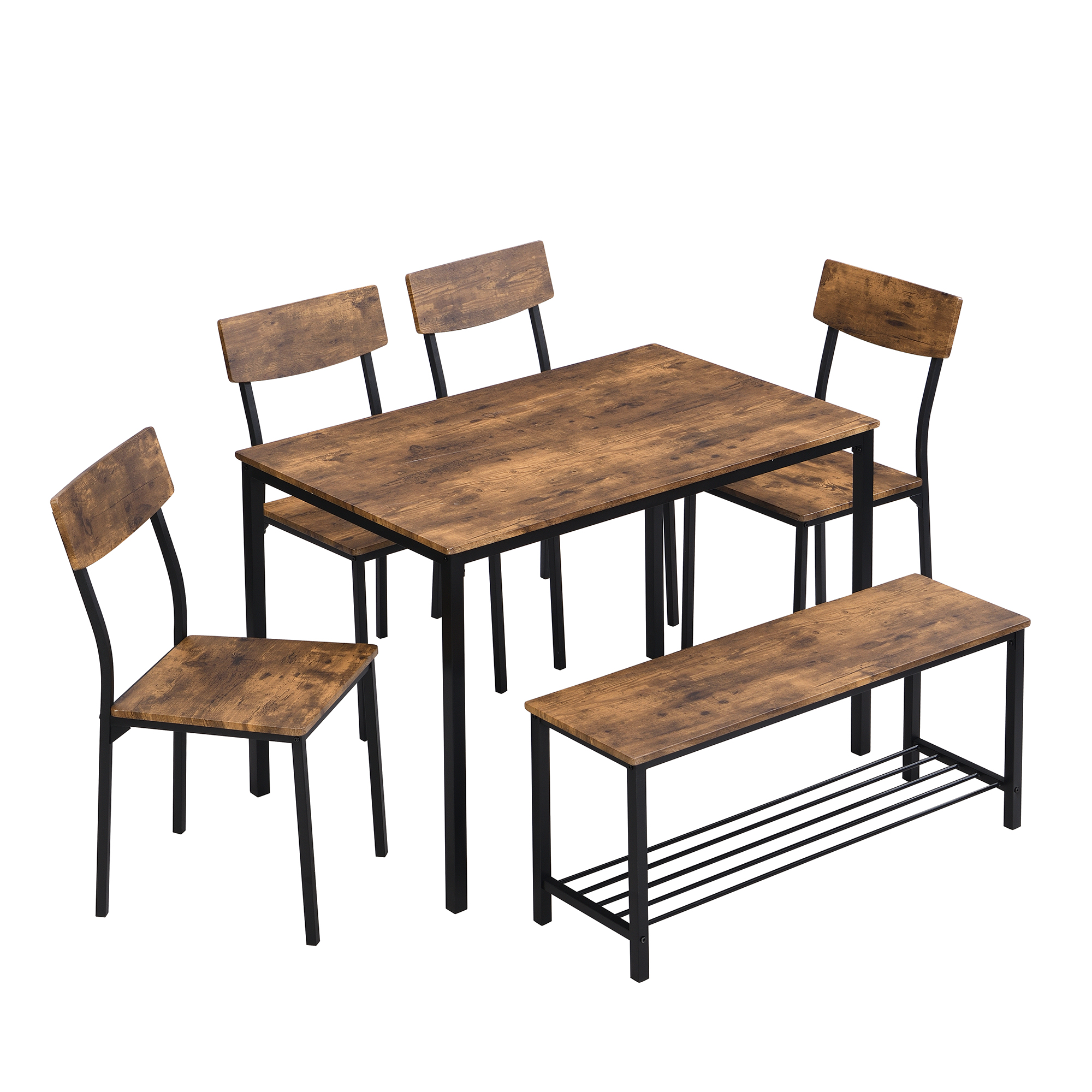 Ensemble Table et 4 Chaises 1 Banc - 6 places - cadre en acier - style industriel - Marron - 3