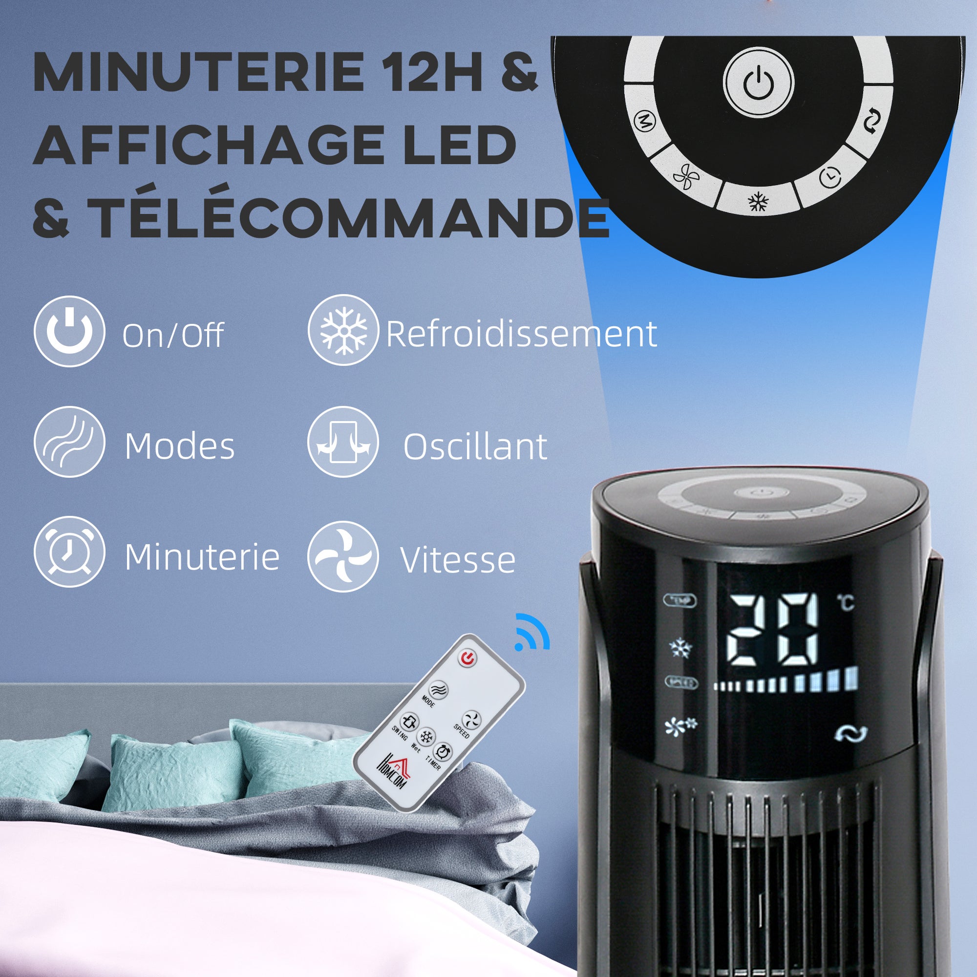 Ventilateur colonne tour rafraichisseur d'air 2 en 1 avec télécommande noir - 8