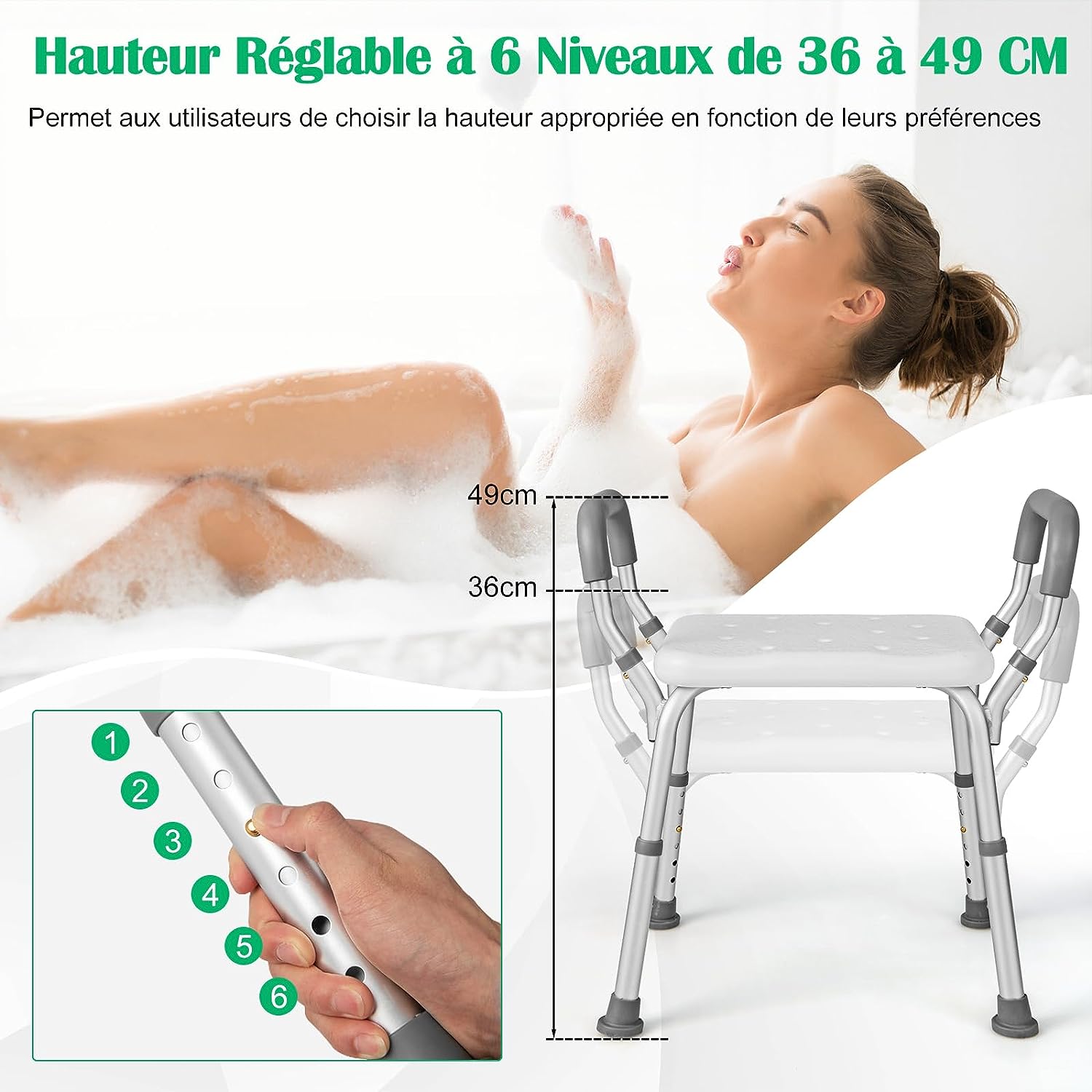 Tabouret de Douche, Siège de Douche Hauteur Réglable 36-49 cm - 4