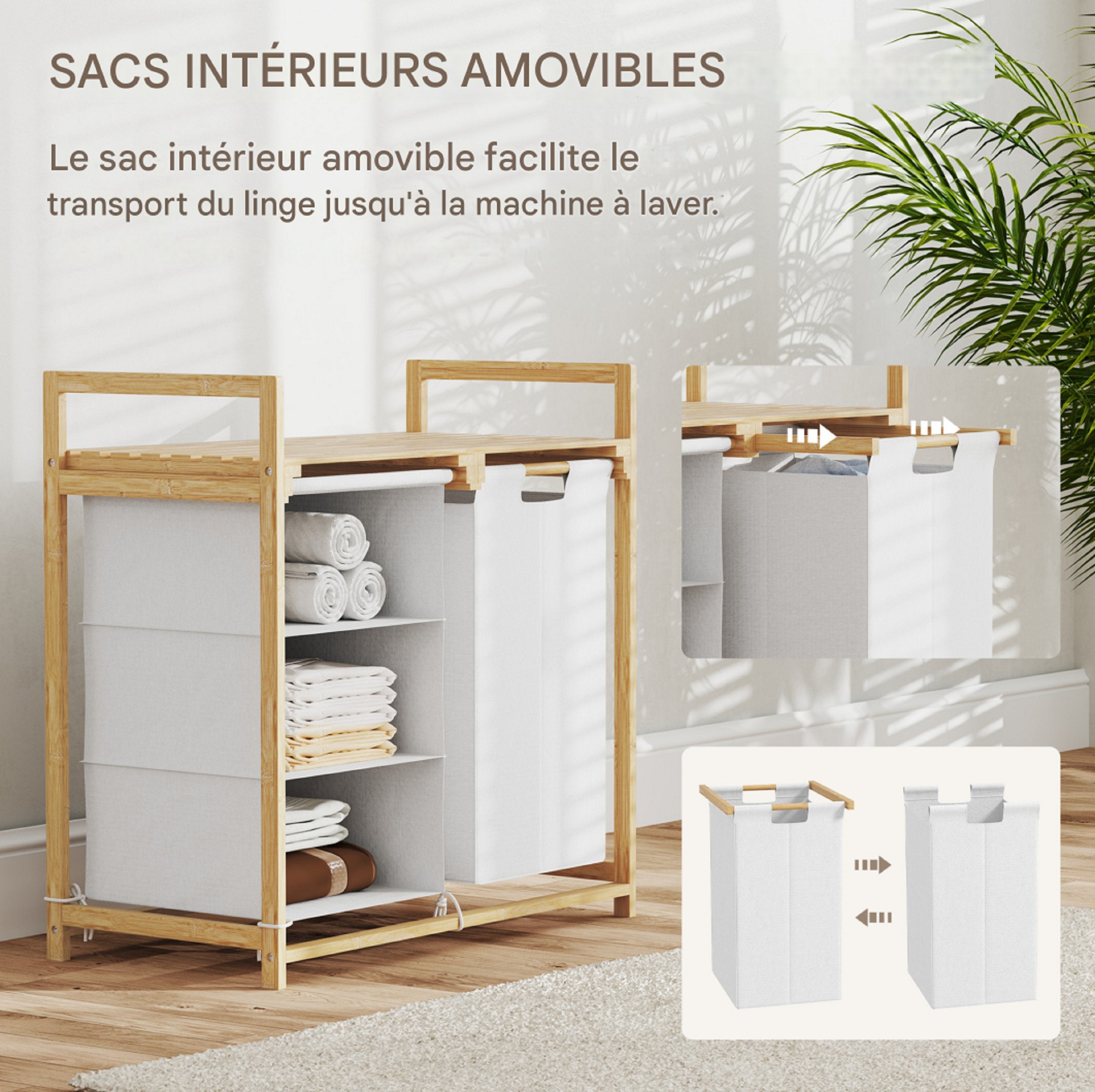Cesto para Ropa HOMCOM 4 Compartimentos, 2 Bolsas de Tela Extraíbles y Deslizantes, Estructura de Bambú, 70 x 36 x 70 cm, 83L, Blanco - 6