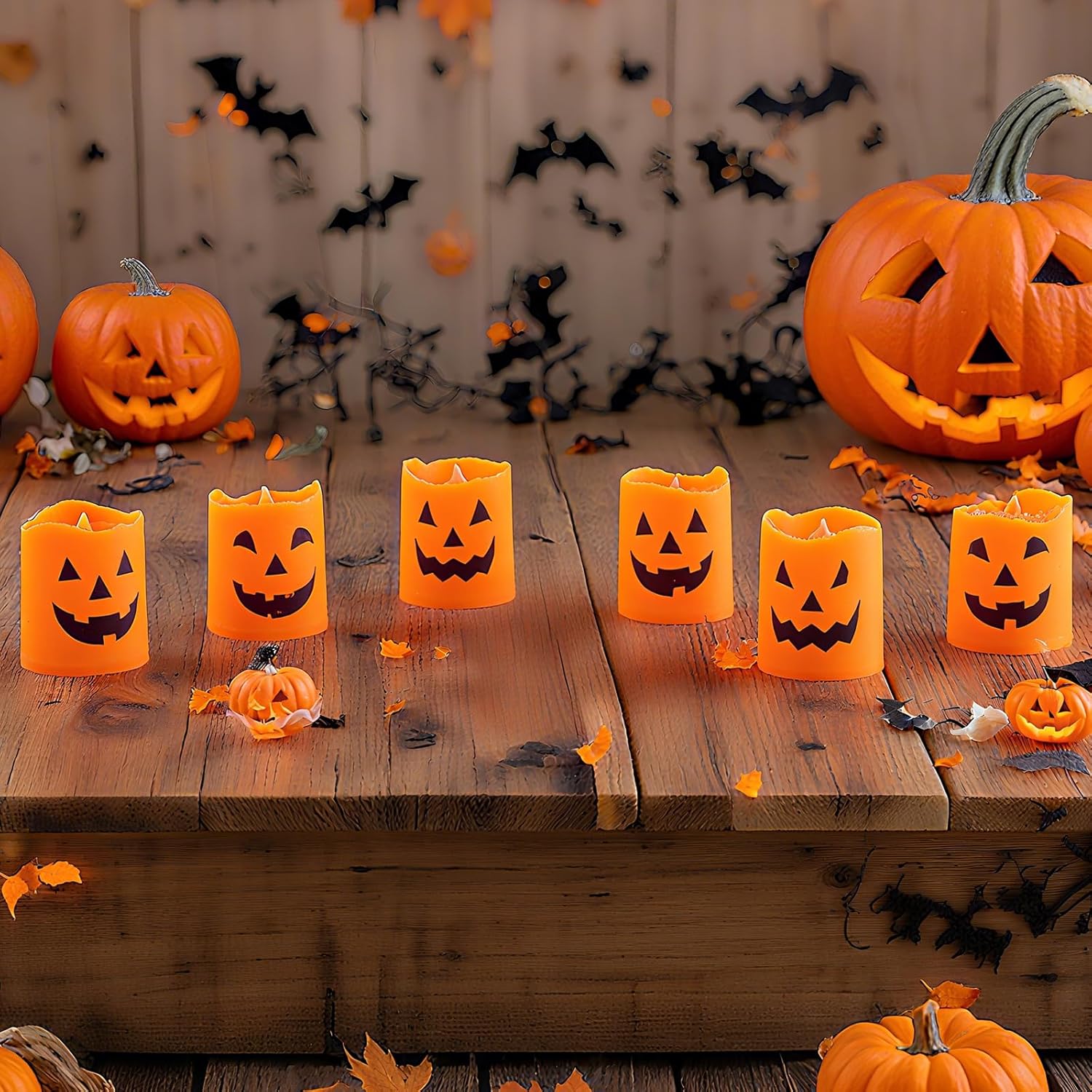 Lot de 6 Bougies LED Halloween – Bougies Citrouille Sans Flamme avec 3 Visages Différents, Fonctionnement à Piles, Décoration de Table pour Maison - 4