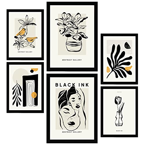 Nacnic set de 6 posters en tinta negra oriental láminas artísticas y abstractas para el diseño y decoración de interiores tamaños a3 & a4, sin marcos
