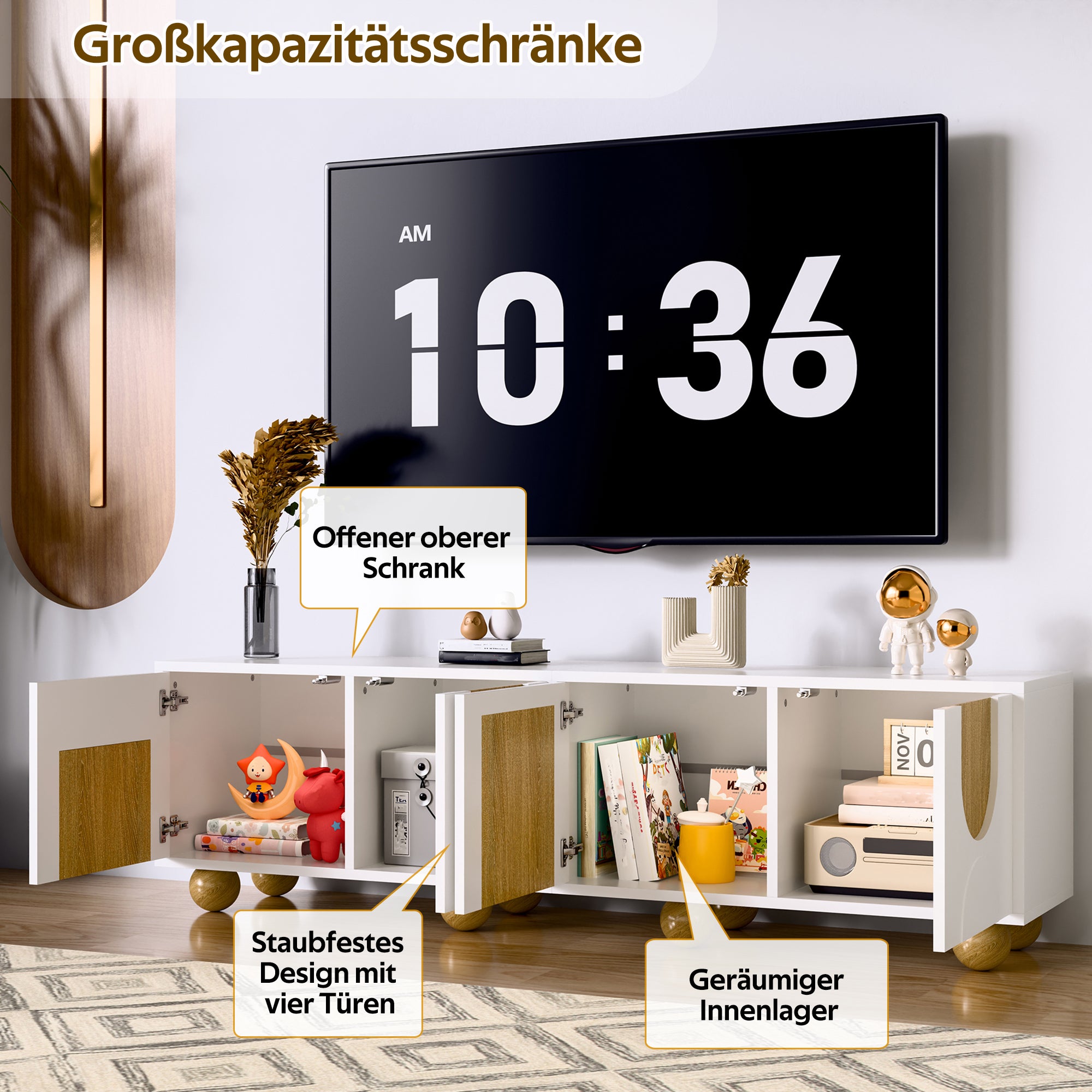 Stolik pod TV z 4 drzwiami - 175 x 38 x 50 cm - MDF i okrągłe nogi - do salonu - Biały + naturalny - 9