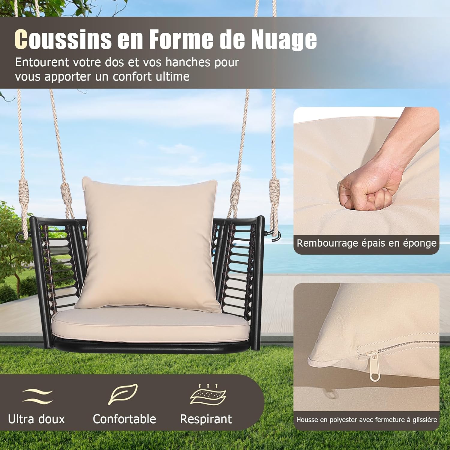 Chaise Balançoire d'Extérieur en Rotin, Balancelle avec Coussins de Siège et de Dossier, 2 Cordes de Suspension, Cadre en Métal, Charge 180 kg - 7