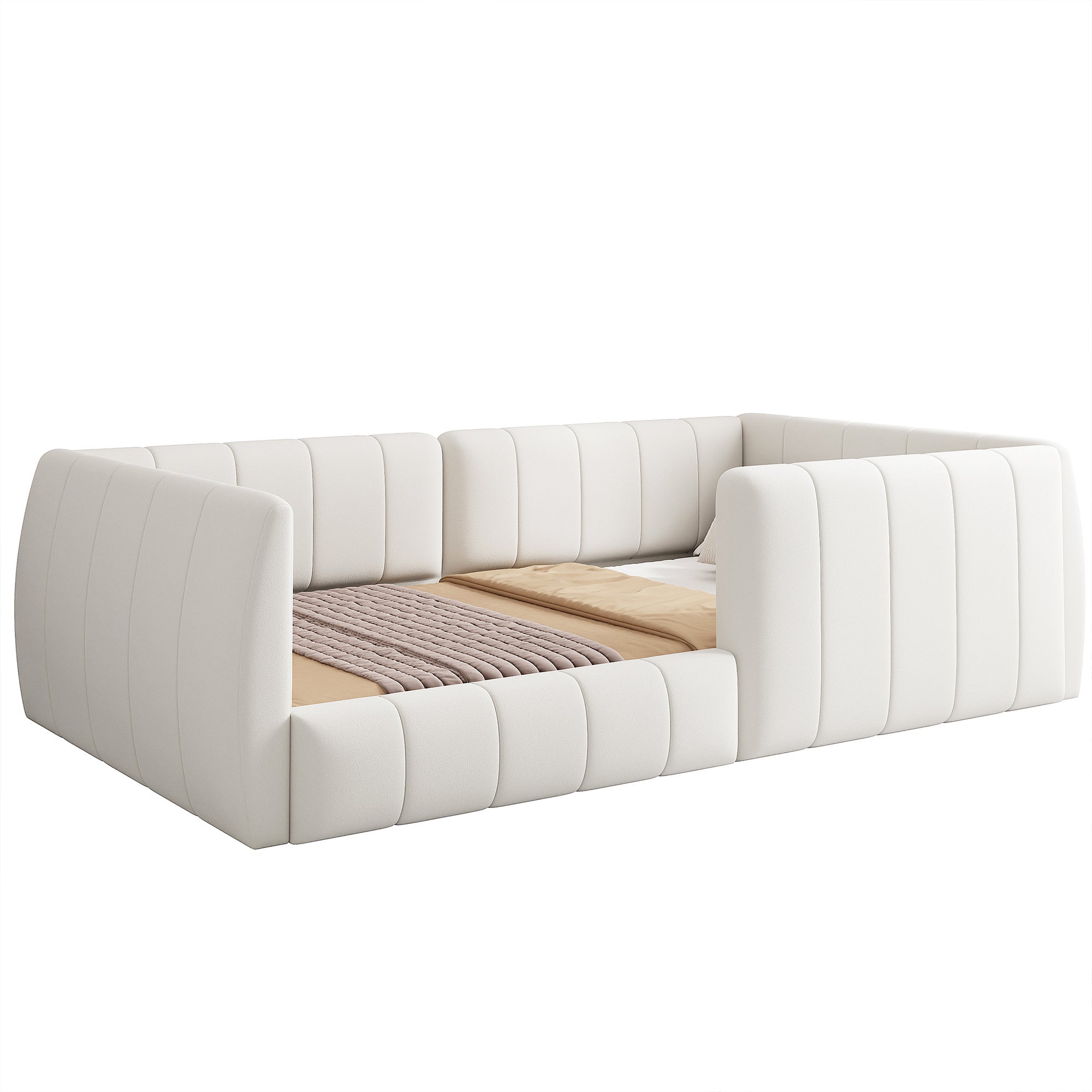 Łóżko tapicerowane 90 x 200 cm z wyściełanym zagłówkiem - rama MDF i tkanina lniana - 12 listew - beżowe - 5