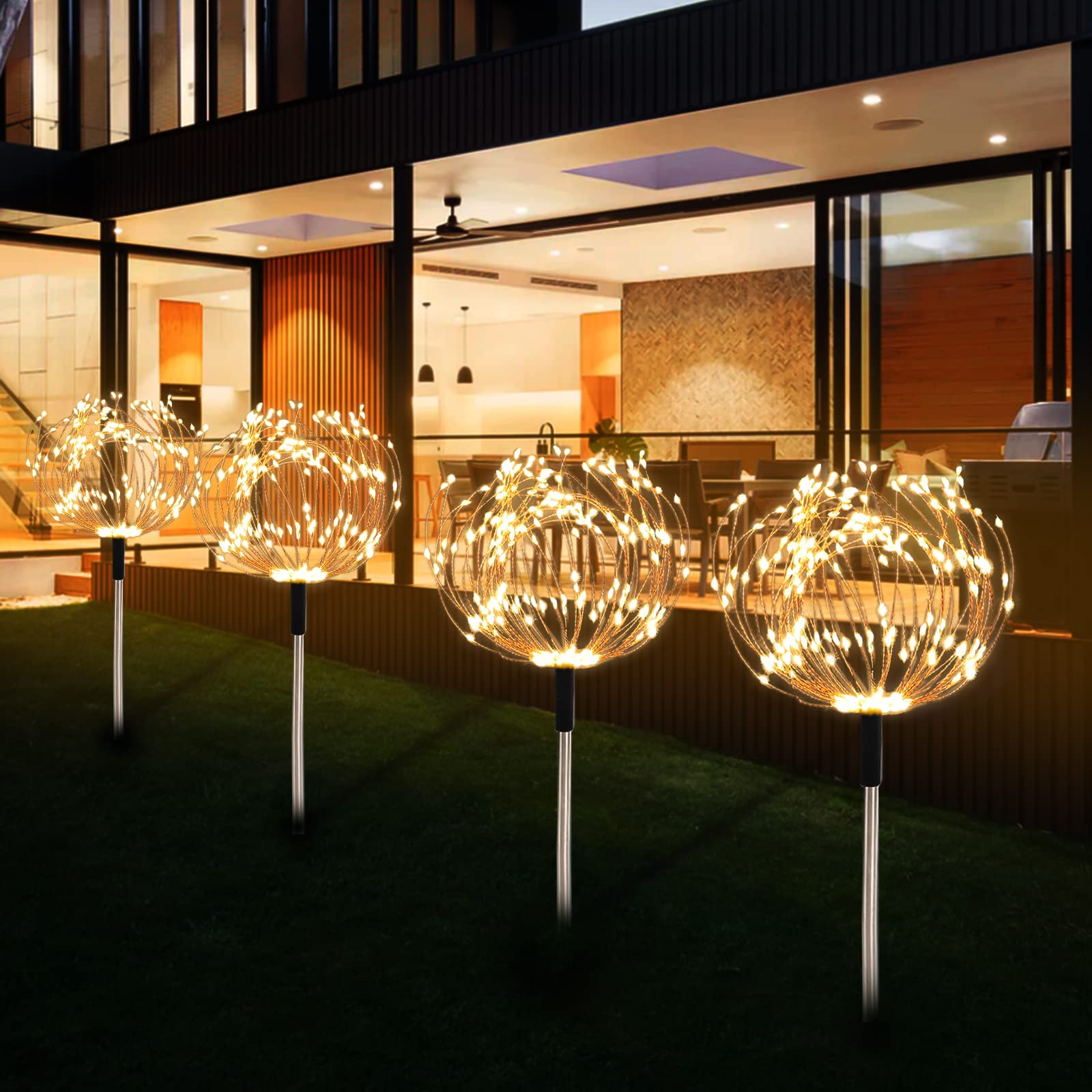 Lot de 4 lampes solaires de jardin 480 LED pour chemin, feux d'artifice, étanches, 8 modes d'éclairage avec télécommande pour terrasse,cour - 2