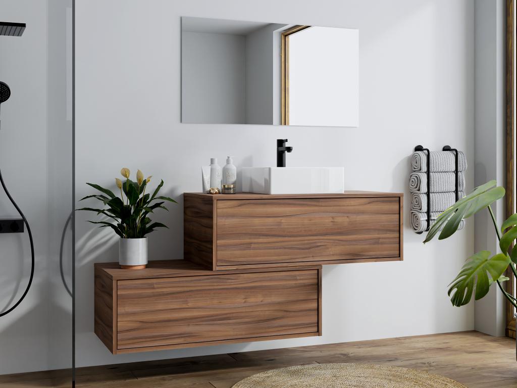 Meuble de salle de bain suspendu naturel foncé avec simple vasque